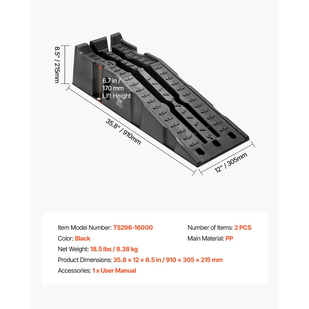 VEVOR Car Ramps, 2 PCS 7257 kg GVW Capacity, 170 mm Lift Height, Portable High Profile Car Service Ramps for Home Garage Maintenance and Oil Changes, Heavy Duty for Truck SUV Vehicle Repair, Black