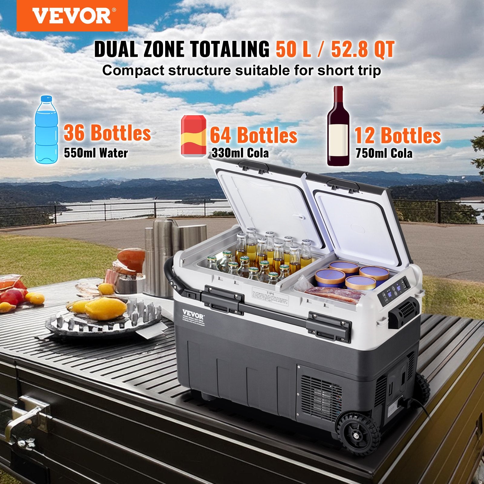VEVOR Portable Car Refrigerator, 12 Volt Car Refrigerator Fridge, 50 L / 52.8 QT Dual Zone Portable Freezer, -4℉-68℉ Adjustable Temperature, Compressor Cooler for Home, Outdoor, Camping, RV, Car
