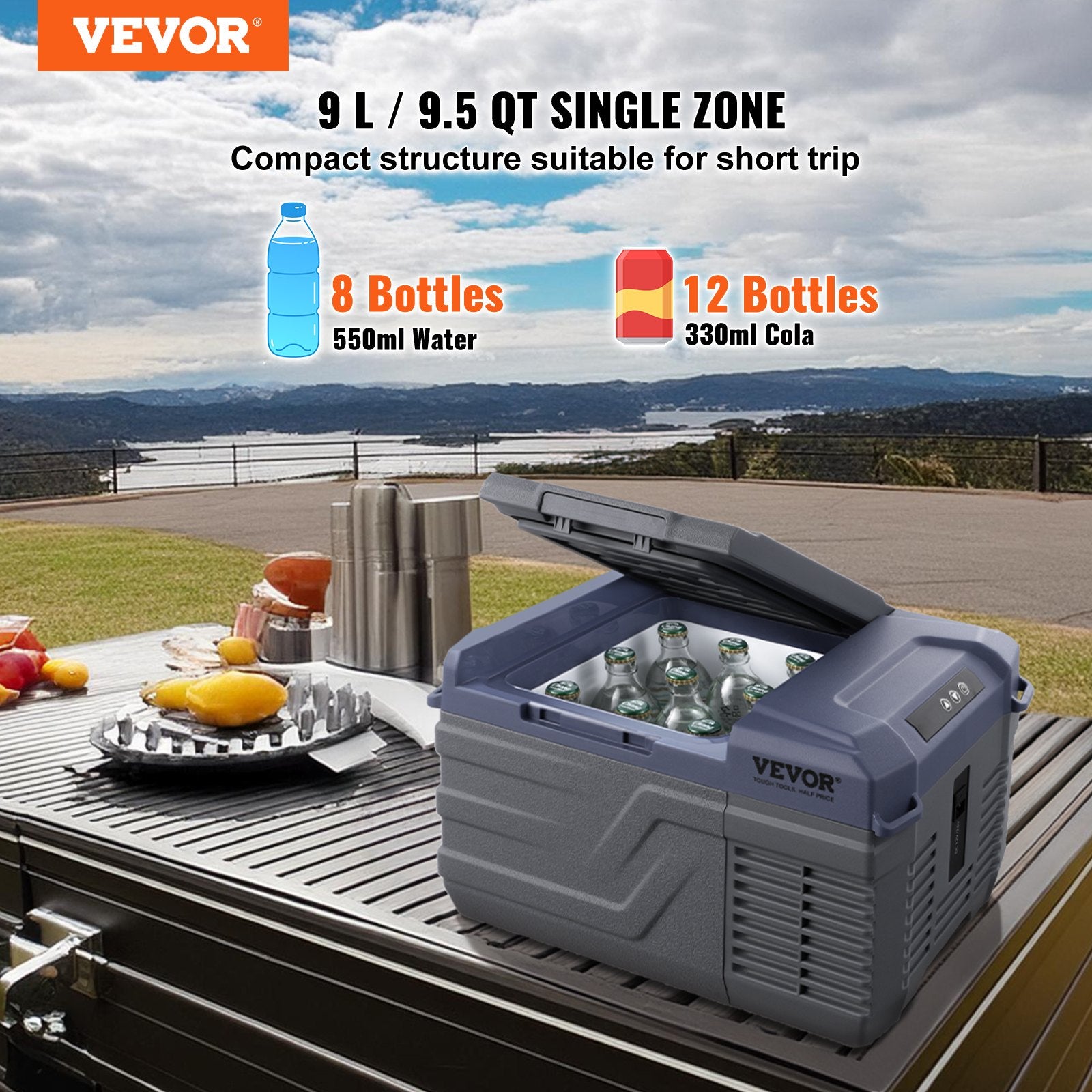 VEVOR Car Refrigerator, 12 Volt Car Refrigerator Fridge, 9 L Single Zone Portable Freezer, -4℉-68℉ Adjustable Range, 12/24V DC and 100-240V AC Compressor Cooler for Outdoor, Camping, RV