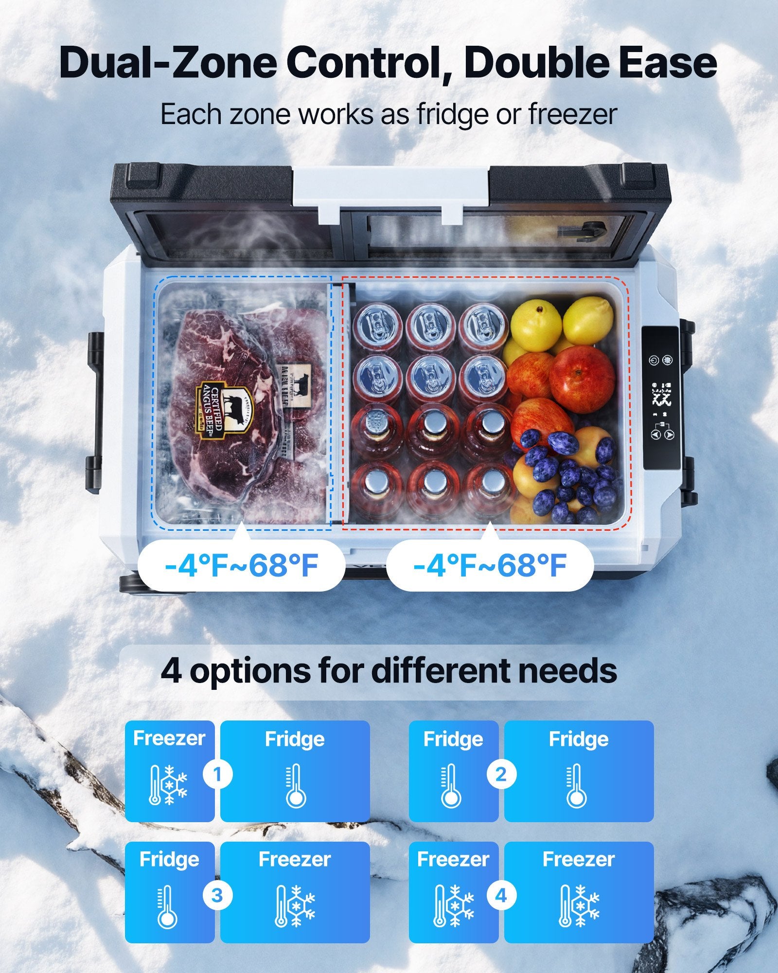 VEVOR Car Refrigerator, DC 12/24V AC100-240V Compressor Electric Cooler, -20°C to 20°C Truck Refrigerator with APP Control, Wheels & Dual Zone, 35L Cars Cooler for RVs, Boats, Camping, Fishing