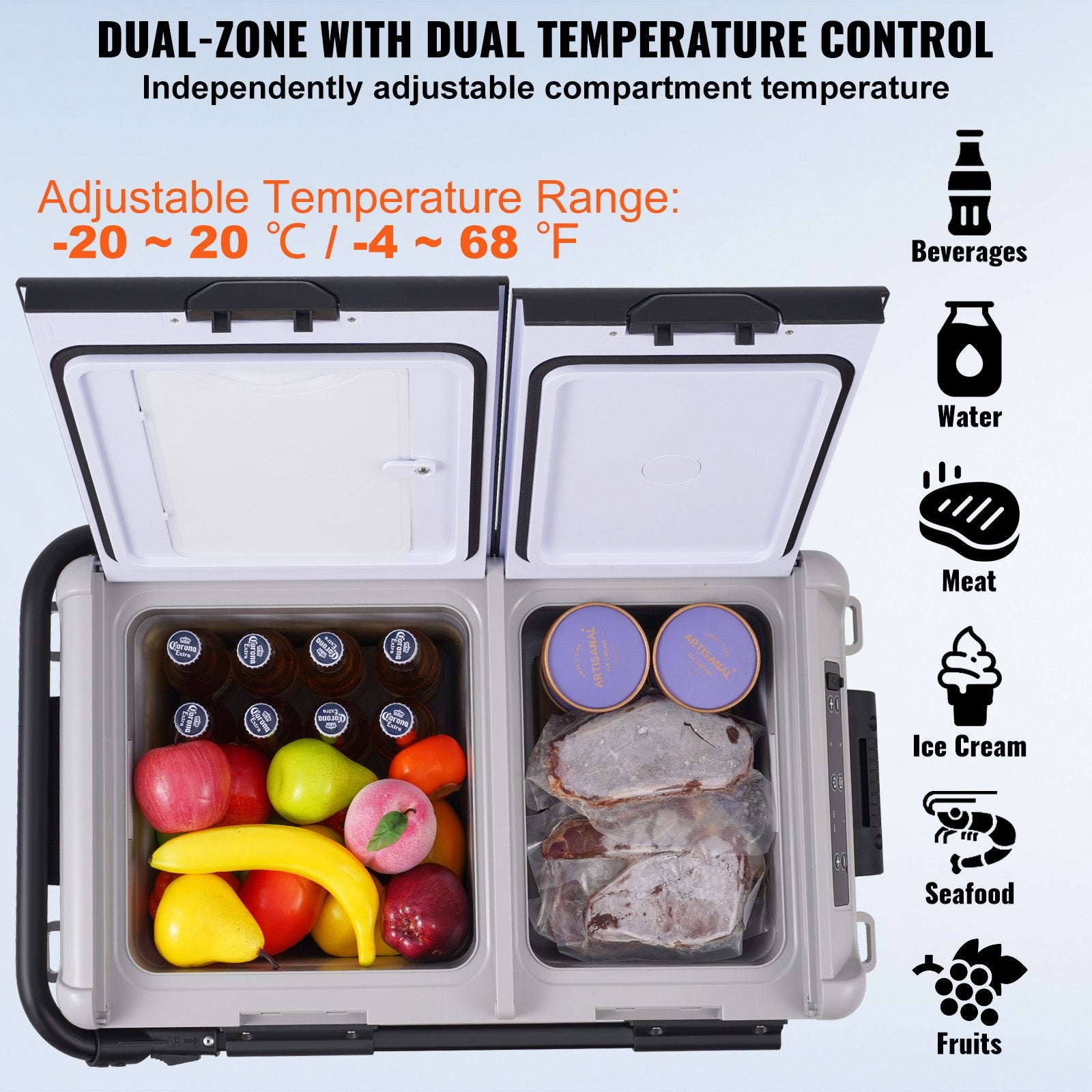 VEVOR Portable Car Refrigerator, 12 Volt Car Refrigerator Fridge, 40 L / 42.3 qt Dual Zone Portable Freezer, -4℉-68℉ Adjustable Temperature, Compressor Cooler for Home, Outdoor, Camping, RV, Car