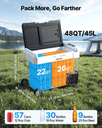 VEVOR Car Refrigerator, DC 12/24V AC100-240V Compressor Electric Cooler,-20°C to 20°C Truck Refrigerator with APP Control, Wheels & Dual Zone, 45L Cars Cooler for RVs, Boats, Camping, Fishing