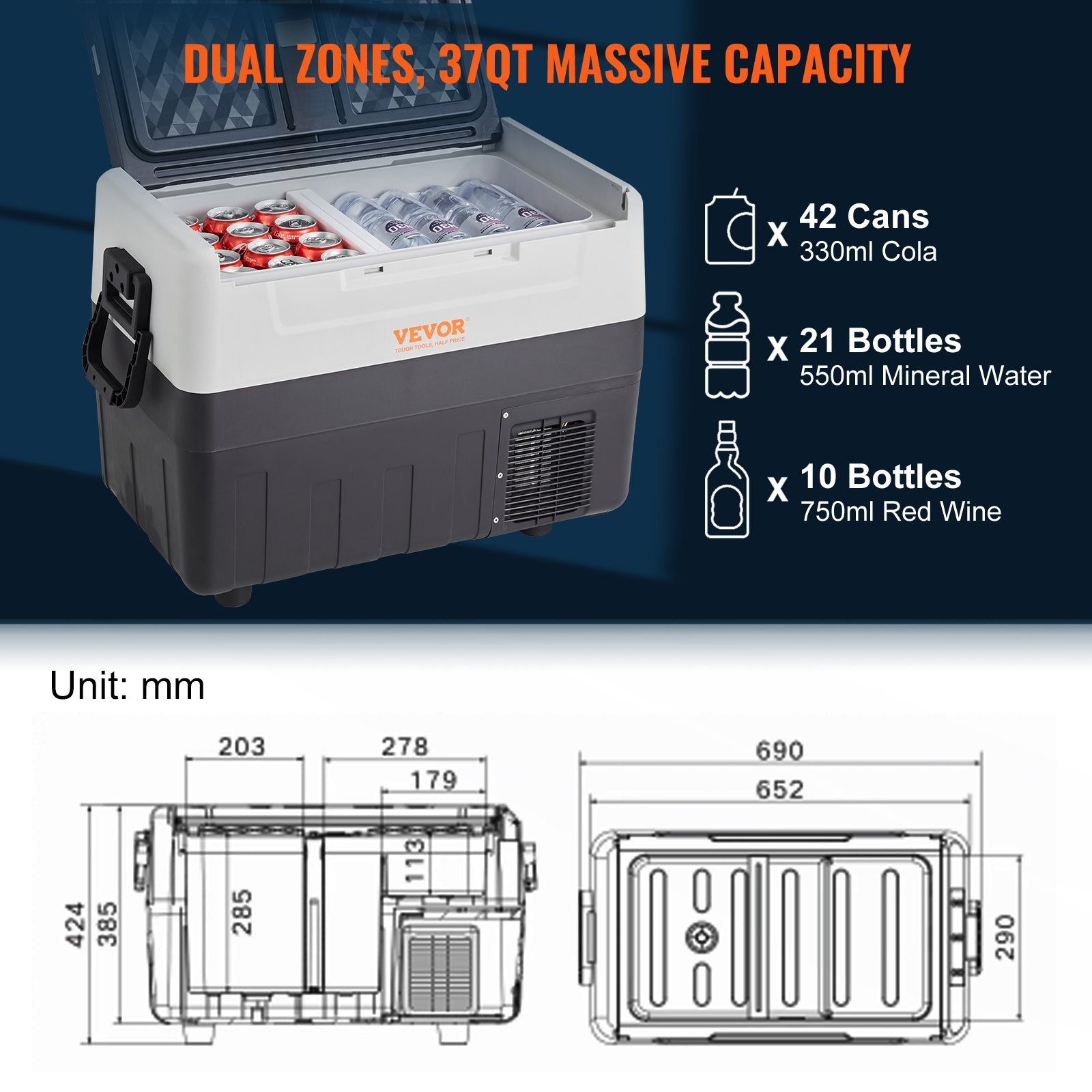 VEVOR Portable Car Refrigerator Freezer Compressor 35 L Dual Zone for Car Home