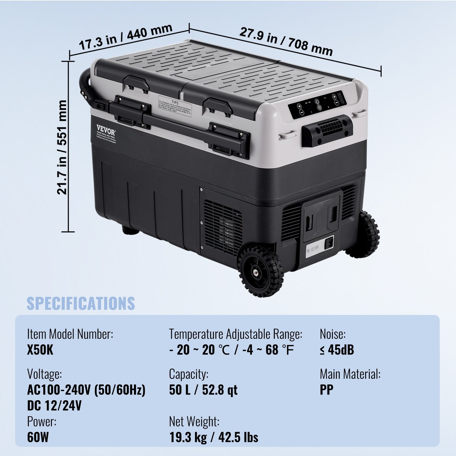 VEVOR Portable Car Refrigerator, 12 Volt Car Refrigerator Fridge, 50 L / 52.8 QT Dual Zone Portable Freezer, -4℉-68℉ Adjustable Temperature, Compressor Cooler for Home, Outdoor, Camping, RV, Car