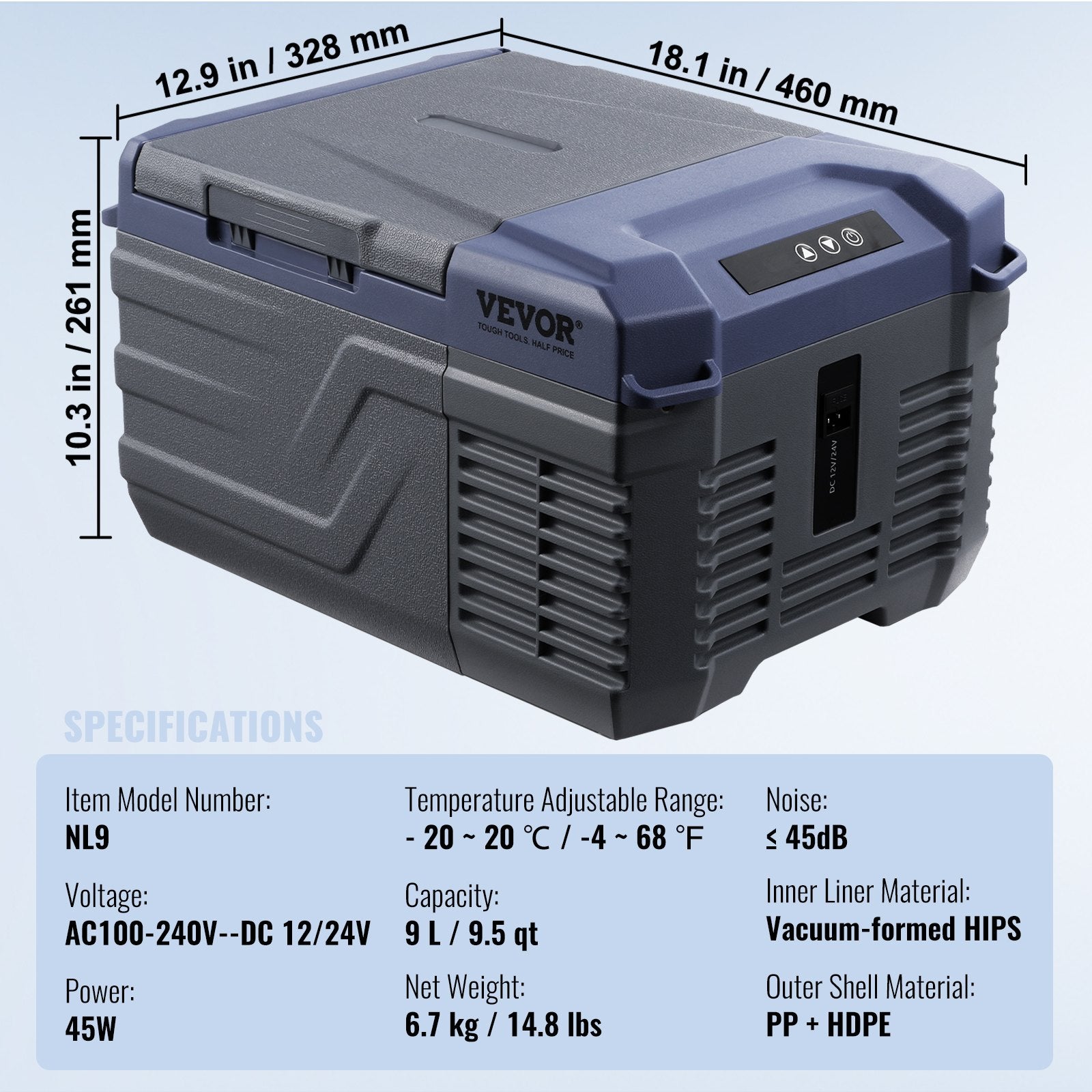 VEVOR Car Refrigerator, 12 Volt Car Refrigerator Fridge, 9 L Single Zone Portable Freezer, -4℉-68℉ Adjustable Range, 12/24V DC and 100-240V AC Compressor Cooler for Outdoor, Camping, RV