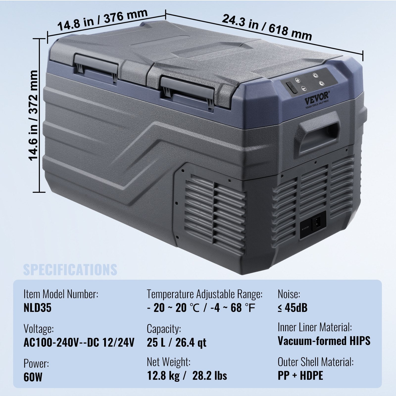 VEVOR Car Refrigerator, 25 L Dual Zone Portable Freezer, 12 Volt Car Refrigerator Fridge, -4℉-68℉ Adjustable Range, 12/24V DC and 100-240V AC Compressor Cooler for Outdoor, Camping, RV