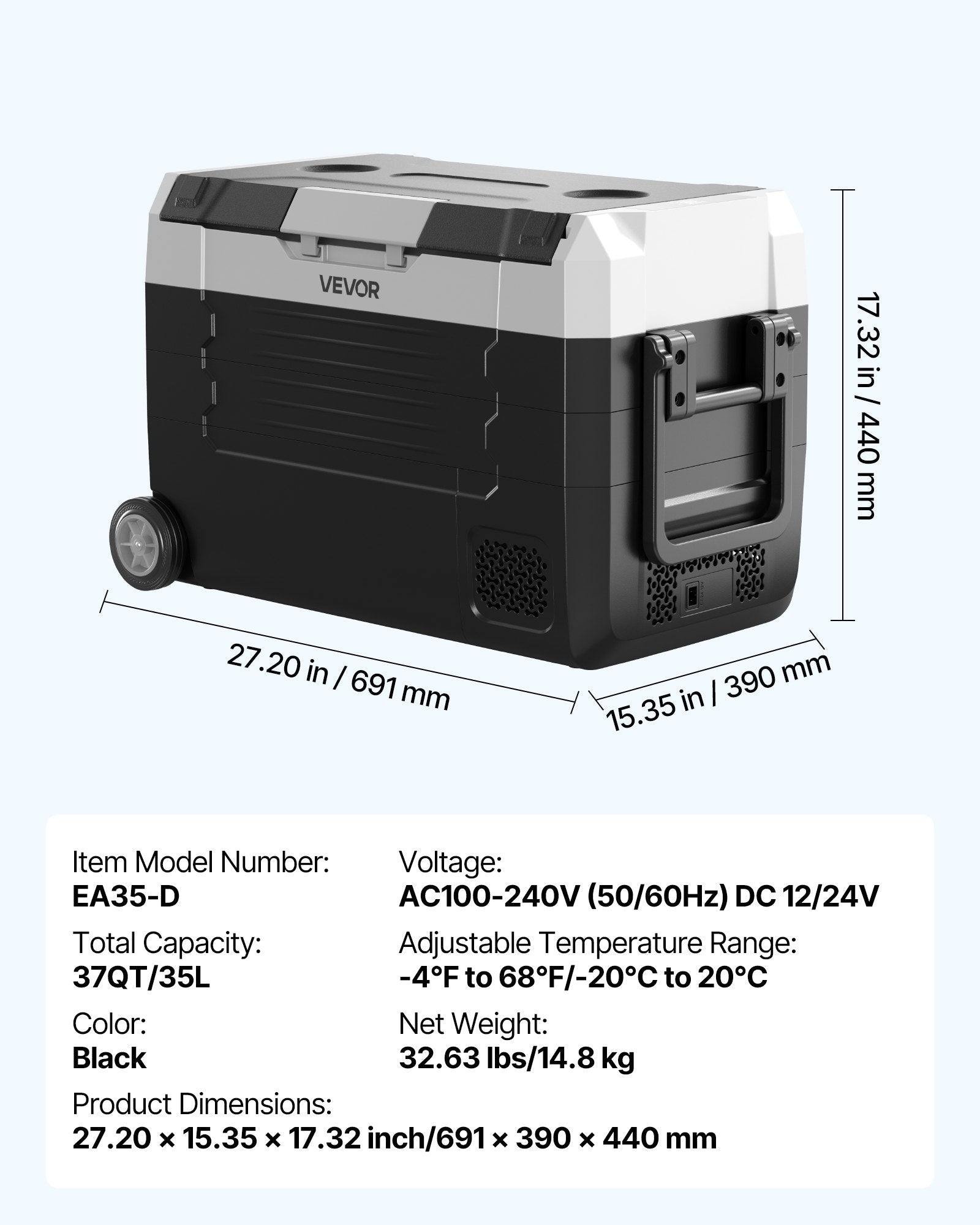 VEVOR Car Refrigerator, DC 12/24V AC100-240V Compressor Electric Cooler, -20°C to 20°C Truck Refrigerator with APP Control, Wheels & Dual Zone, 35L Cars Cooler for RVs, Boats, Camping, Fishing