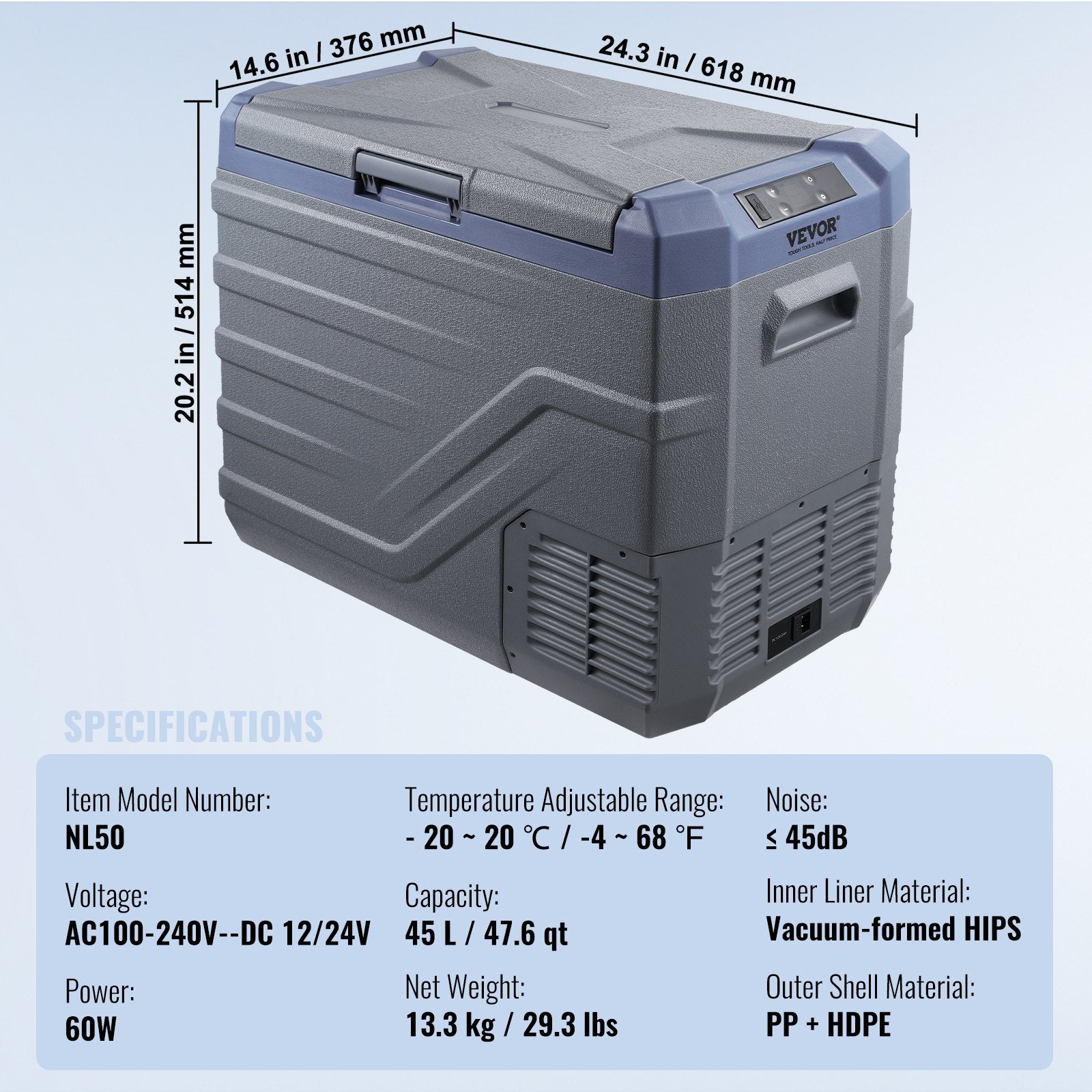 VEVOR Car Refrigerator, 12 Volt Car Refrigerator Fridge, 45 L Single Zone Portable Freezer with Built-in Light, -4℉-68℉, 12/24V DC and 100-240V AC Compressor Cooler for Outdoor, Camping, RV