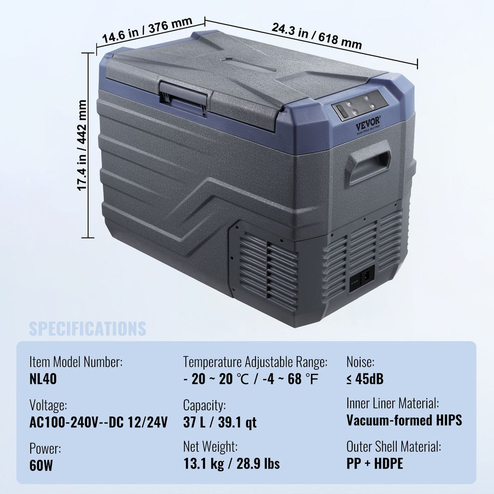 VEVOR Car Refrigerator, 12 Volt Car Refrigerator Fridge, 37 L Single Zone Portable Freezer with Built-in Light, -4℉-68℉, 12/24V DC and 100-240V AC Compressor Cooler for Outdoor, Camping, RV