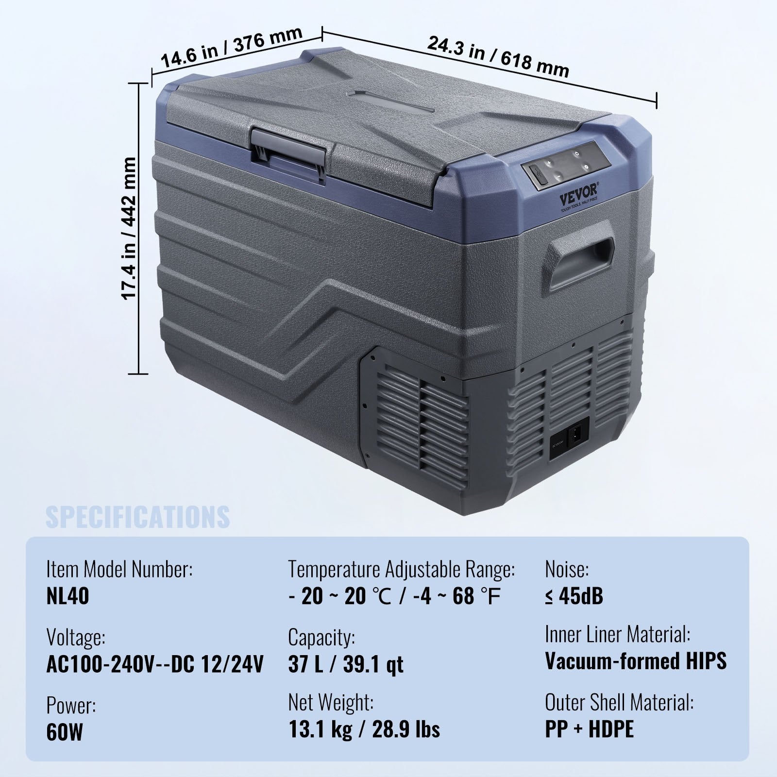 VEVOR Car Refrigerator, 12 Volt Car Refrigerator Fridge, 37 L Single Zone Portable Freezer with Built-in Light, -4℉-68℉, 12/24V DC and 100-240V AC Compressor Cooler for Outdoor, Camping, RV