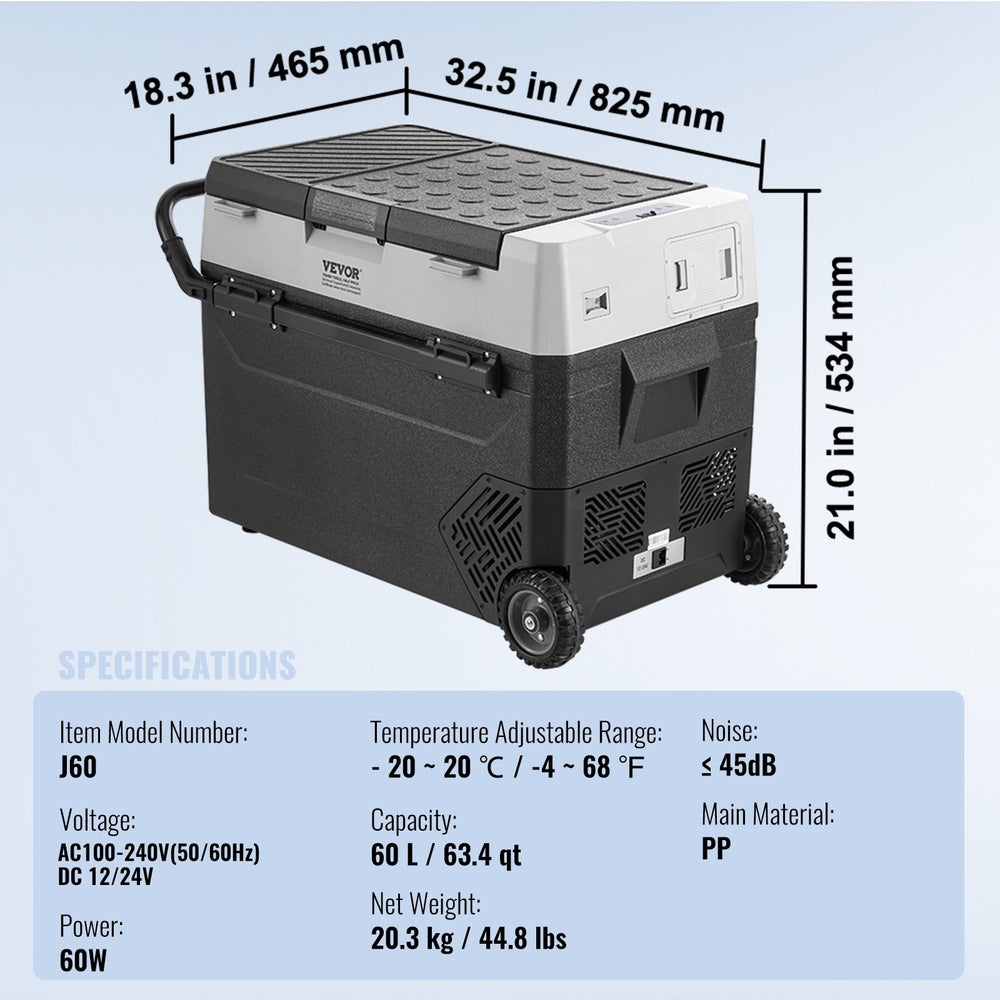 VEVOR Portable Car Refrigerator, 12 Volt Car Refrigerator Fridge, 60 L / 63.4 QT Single Zone Portable Freezer, -4℉-68℉ Adjustable Temperature, Compressor Cooler for Home, Outdoor, Camping, RV, Car