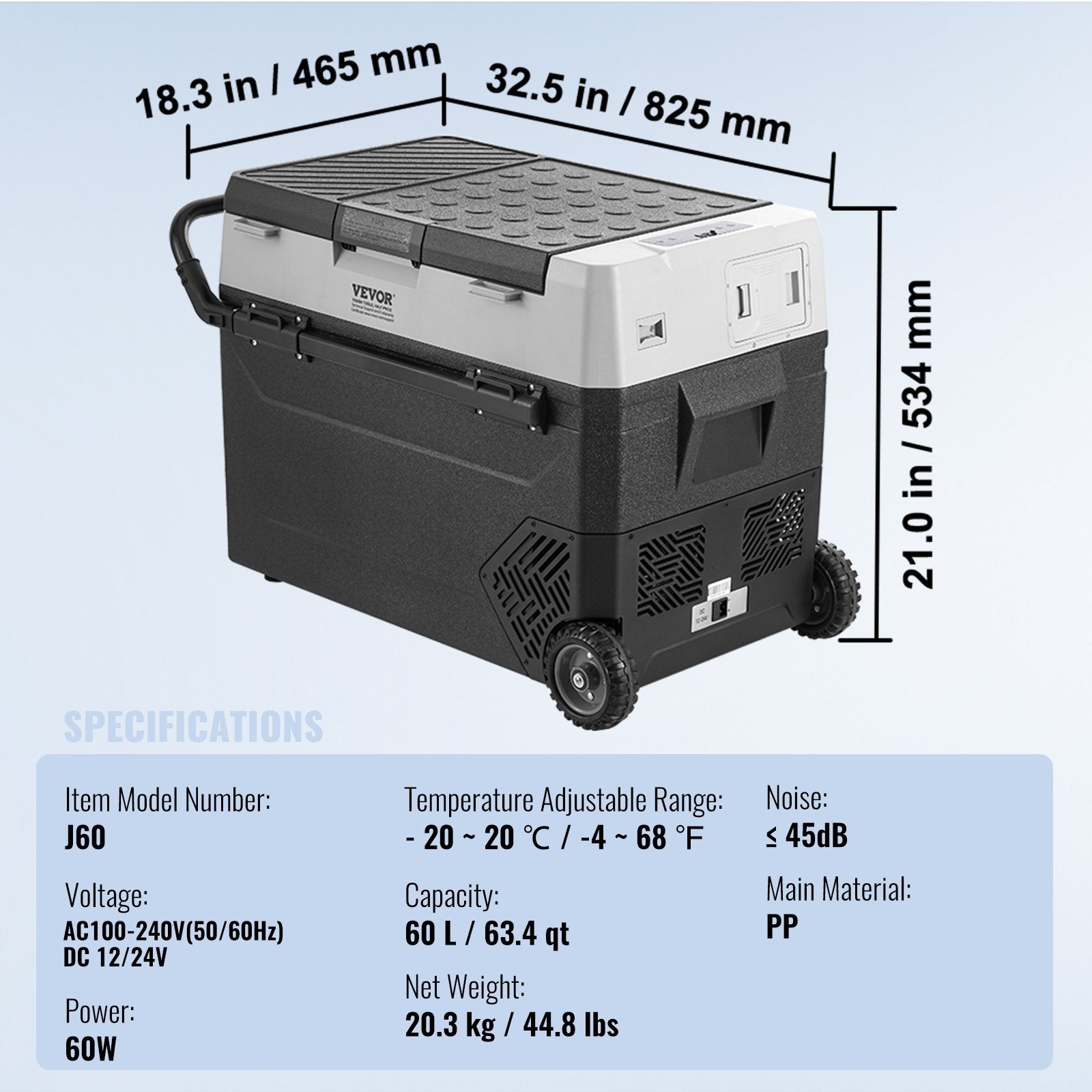 VEVOR Portable Car Refrigerator, 12 Volt Car Refrigerator Fridge, 60 L / 63.4 QT Single Zone Portable Freezer, -4℉-68℉ Adjustable Temperature, Compressor Cooler for Home, Outdoor, Camping, RV, Car