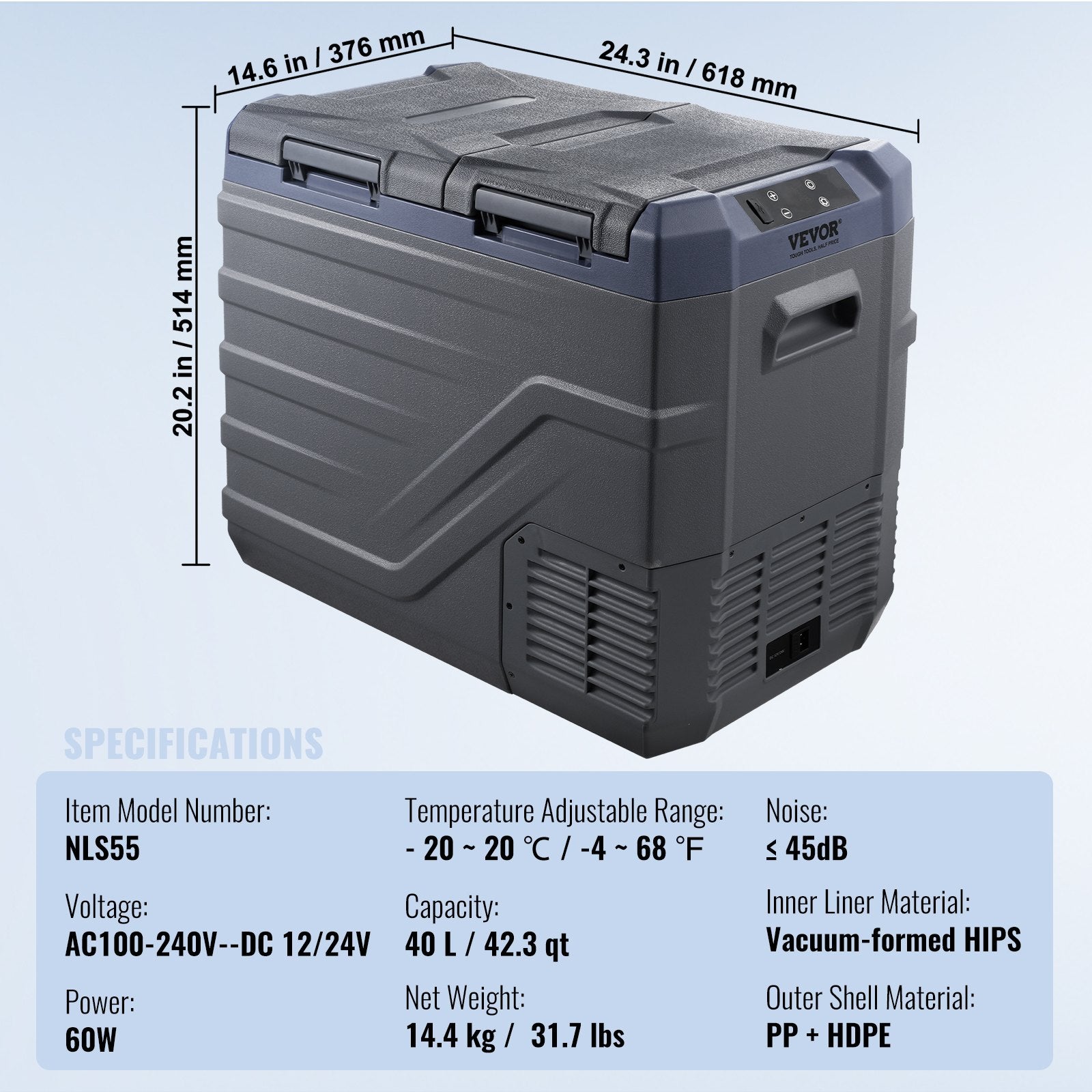 VEVOR Car Refrigerator, 12 Volt Car Refrigerator Fridge, 40 L Dual Zone Portable Freezer, -4℉-68℉ Adjustable Range, 12/24V DC and 100-240V AC Compressor Cooler for Outdoor, Camping, RV