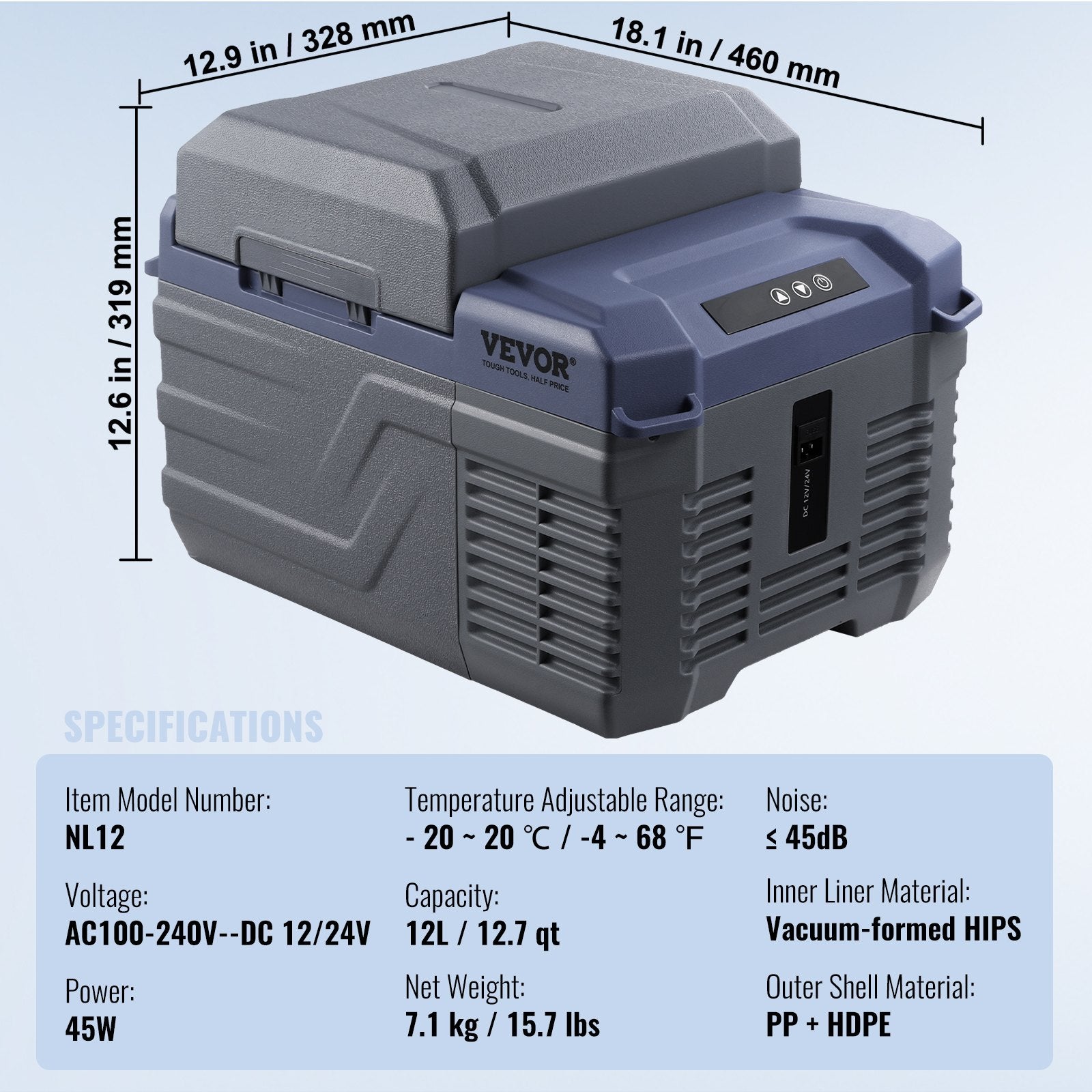 VEVOR Car Refrigerator, 12 Volt Car Refrigerator Fridge, 12 L Single Zone Portable Freezer, -4℉-68℉ Adjustable Range, 12/24V DC and 100-240V AC Compressor Cooler for Outdoor, Camping, RV