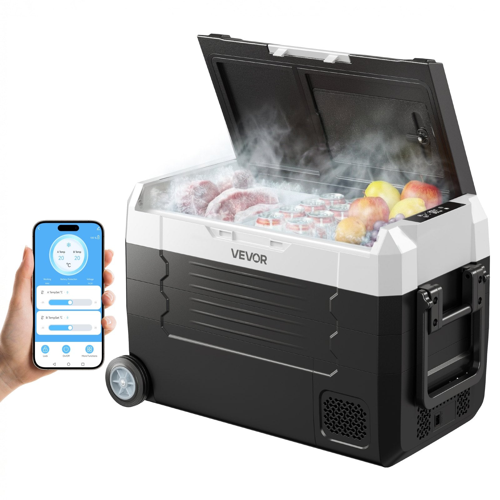 VEVOR Car Refrigerator, DC 12/24V AC100-240V Compressor Electric Cooler, -20°C to 20°C Truck Refrigerator with APP Control, Wheels & Dual Zone, 35L Cars Cooler for RVs, Boats, Camping, Fishing