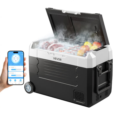 VEVOR Car Refrigerator, DC 12/24V AC100-240V Compressor Electric Cooler, -20°C to 20°C Truck Refrigerator with APP Control, Wheels & Dual Zone, 35L Cars Cooler for RVs, Boats, Camping, Fishing