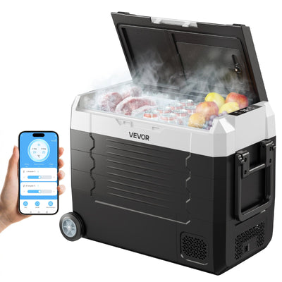 VEVOR Car Refrigerator, DC 12/24V AC100-240V Compressor Electric Cooler,-20°C to 20°C Truck Refrigerator with APP Control, Wheels & Dual Zone, 45L Cars Cooler for RVs, Boats, Camping, Fishing