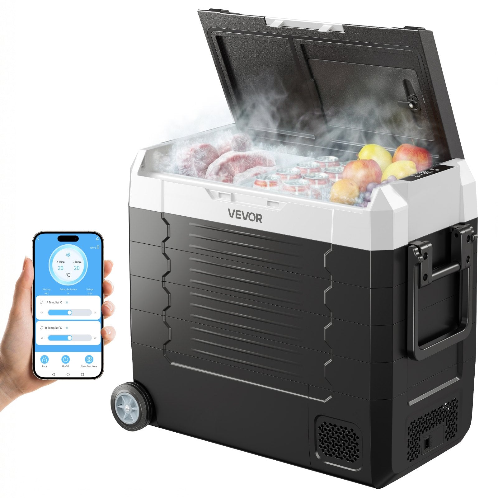 VEVOR Car Refrigerator, DC 12/24V AC100-240V Compressor Electric Cooler, -20°C to 20°C Truck Refrigerator with APP Control, Wheels & Dual Zone, 55L Cars Cooler for RVs, Boats, Camping, Fishing