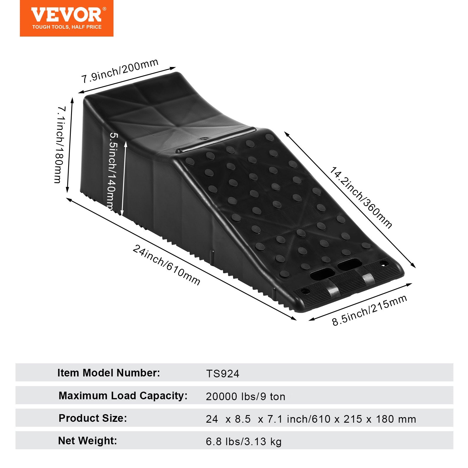 VEVOR Car Ramp, 1 Piece Low Profile Car Service Ramp, 9071.8 kg Loading Capacity, 14 cm Lift Height Car Ramp, Heavy Duty Tire Ramp for Oil Changes Car Lift and Vehicle Maintenance
