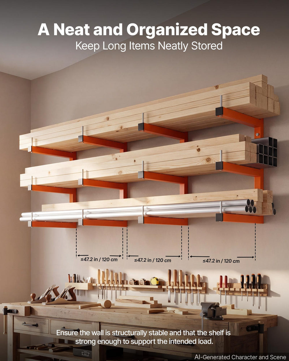 VEVOR Lumber Rack, 3-Tier 4-Pack 100 kg per Tier, Welded Wood Pipe Storage, Wall-mounted Organizer for Garages, Workshops, Warehouse, Basement, Heavy-Duty Steel Cantilever Arms, Locking Pins, Orange