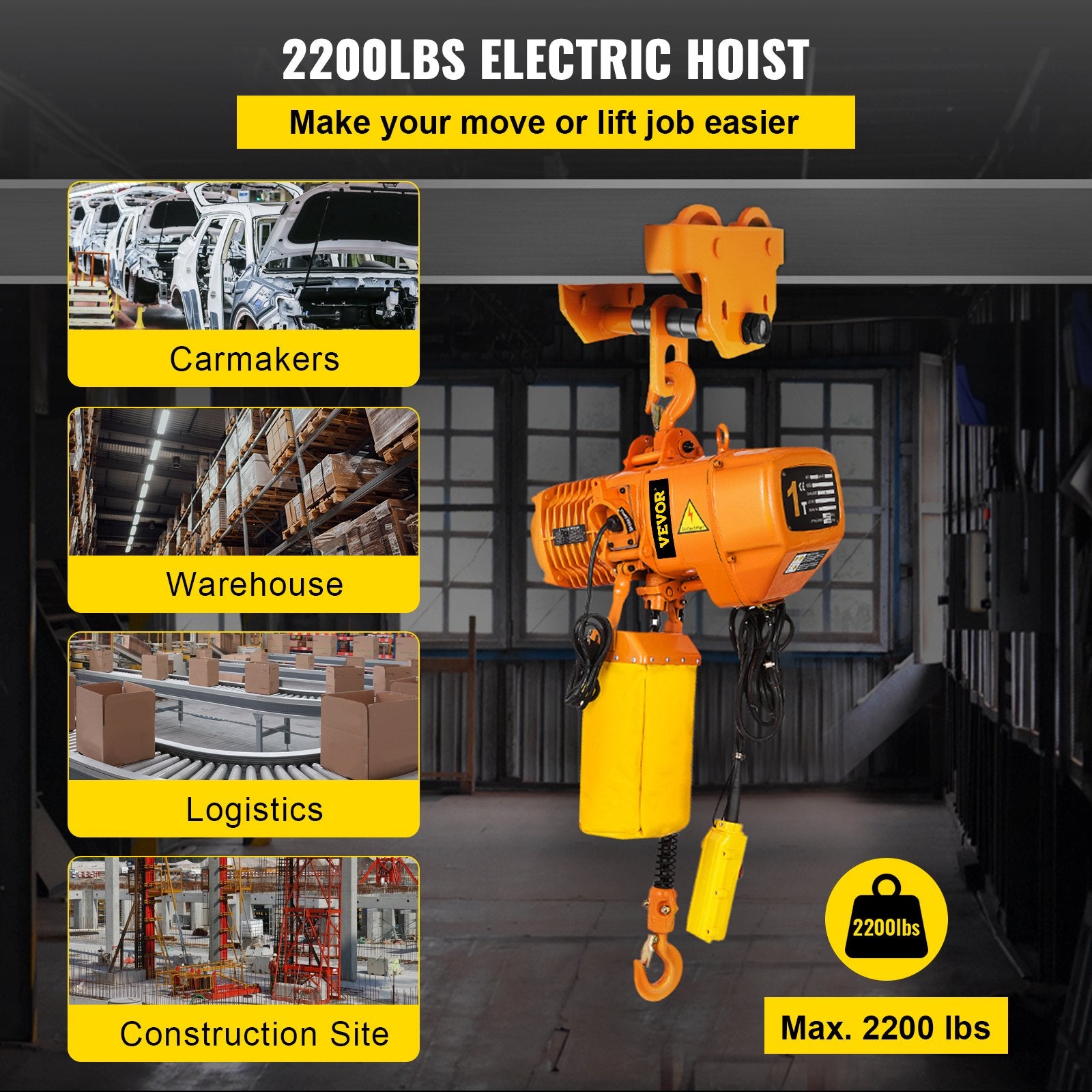 VEVOR Electric Chain Hoist, 2200 lbs Load Capacity, 13 ft Lifting Height, 11 ft/min Speed, 230V, Single Phase Overhead Crane with G80 Chain, 10.8 ft Wired Remote Control for Garage, Shop, Hotel, Home