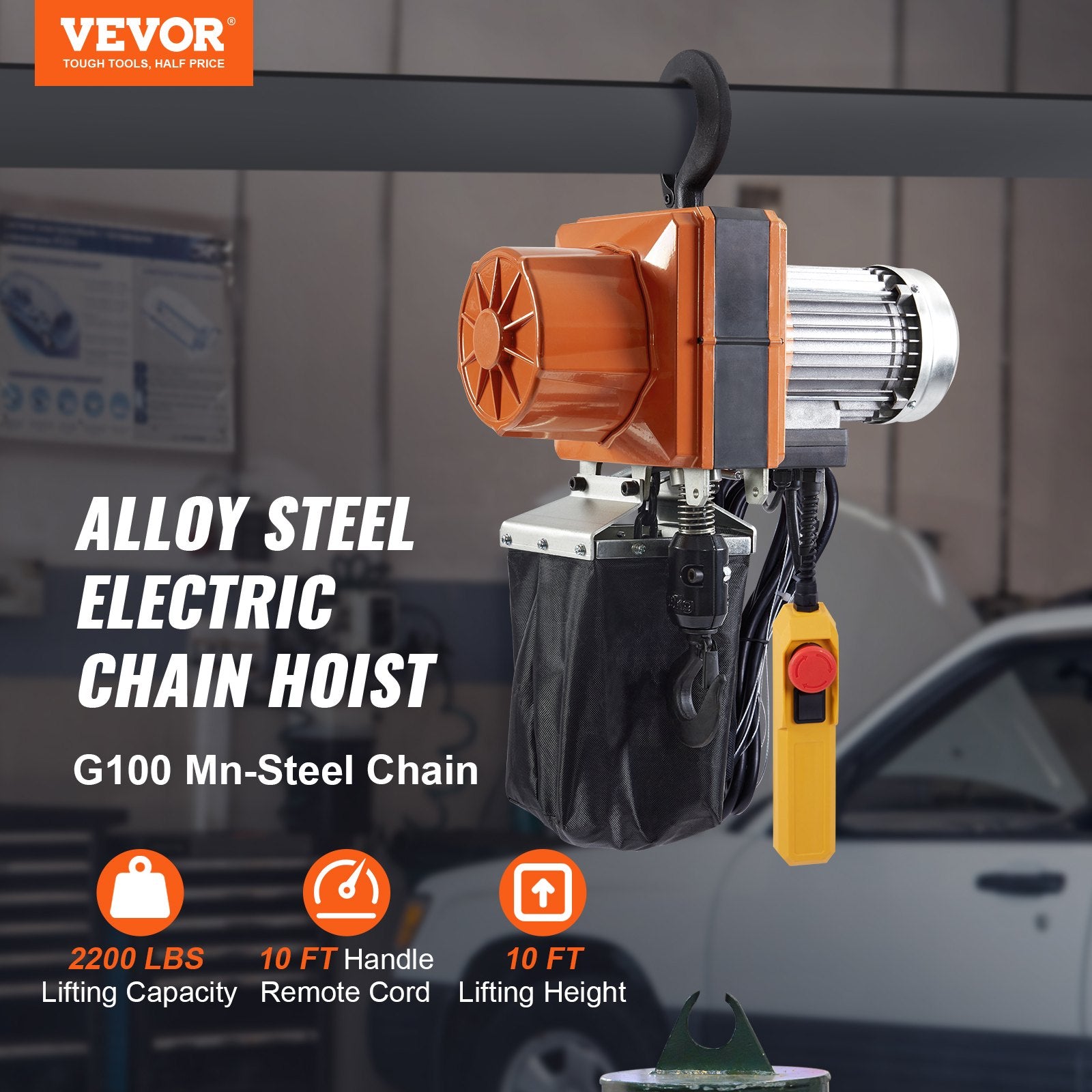 VEVOR Electric Chain Hoist, 2200 lbs Load Capacity, 10 ft Lifting Height, 10.5 ft/min Speed, 230V, Single Phase Overhead Crane with G100 Chain, 10 ft Wired Remote Control for Garage, Shop, Hotel, Home
