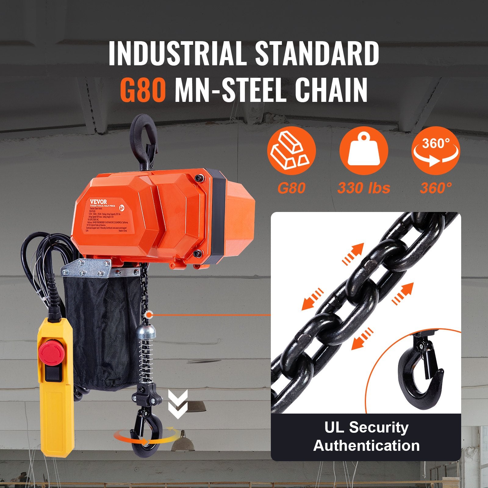 VEVOR Electric Chain Hoist, 330 lbs Load Capacity, 10 ft Lifting Height, 7.5 ft/min Speed, 230V, Single Phase Overhead Crane with G80 Chain, 10 ft Wired Remote Control for Garage, Shop, Hotel, Home