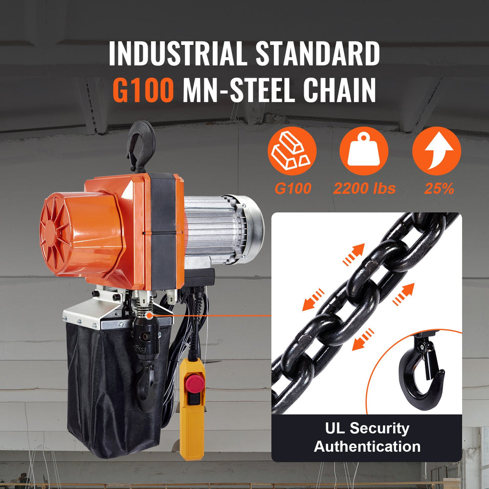 VEVOR Electric Chain Hoist, 2200 lbs Load Capacity, 10 ft Lifting Height, 10.5 ft/min Speed, 230V, Single Phase Overhead Crane with G100 Chain, 10 ft Wired Remote Control for Garage, Shop, Hotel, Home
