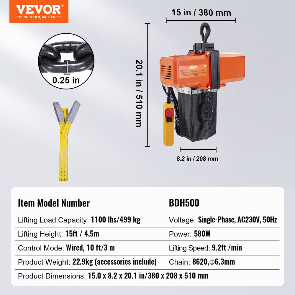 VEVOR Electric Chain Hoist Single Phase Crane Hoist 499 kg Load 457.2 cm Lifting