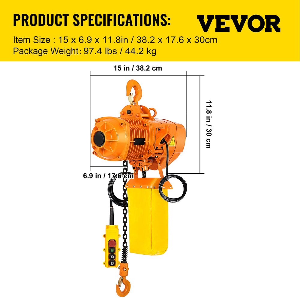 VEVOR Electric Chain Hoist, 2200 lbs Load Capacity, 13 ft Lifting Height, 11 ft/min Speed, 230V, Single Phase Overhead Crane with G80 Chain, 10.8 ft Wired Remote Control for Garage, Shop, Hotel, Home