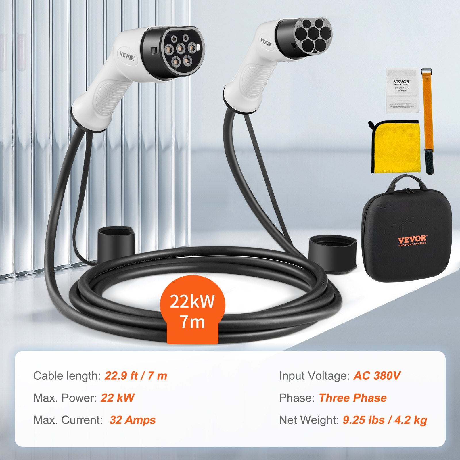 VEVOR Type 2 to Type 2 EV Charging Cable, 32Amp, 22kW 7 Meters Three Phase Electric Vehicle Car Charging Cable, IP66 Waterproof w Carry Bag, for IEC62196 EV & Plug-in Hybrid Electric Vehicle, CE&TUV