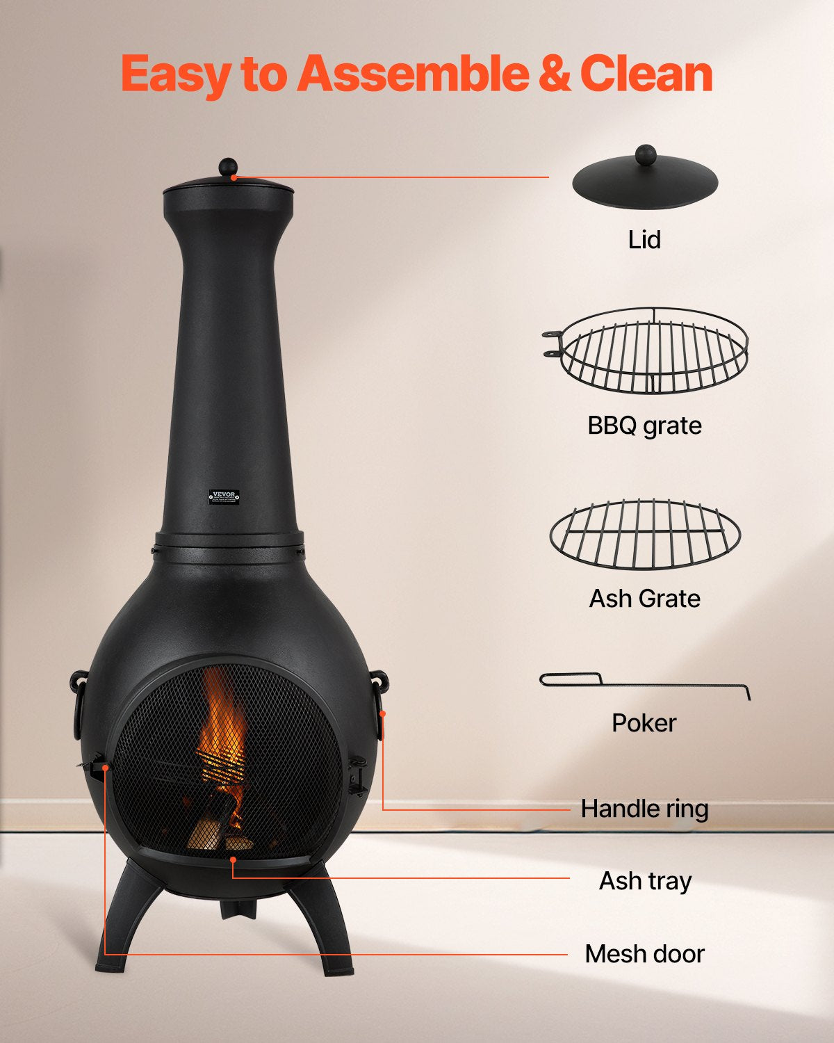 VEVOR Chiminea, 22 Inch Outdoor Wood Burning Firepit, Spherical Fireplace for BBQ & Warming, Aluminum Wooden Fire Pit with Grill Mesh, Chimney Coat & Rustproof Chiminea Lid, for Patio/Garden/Backyard