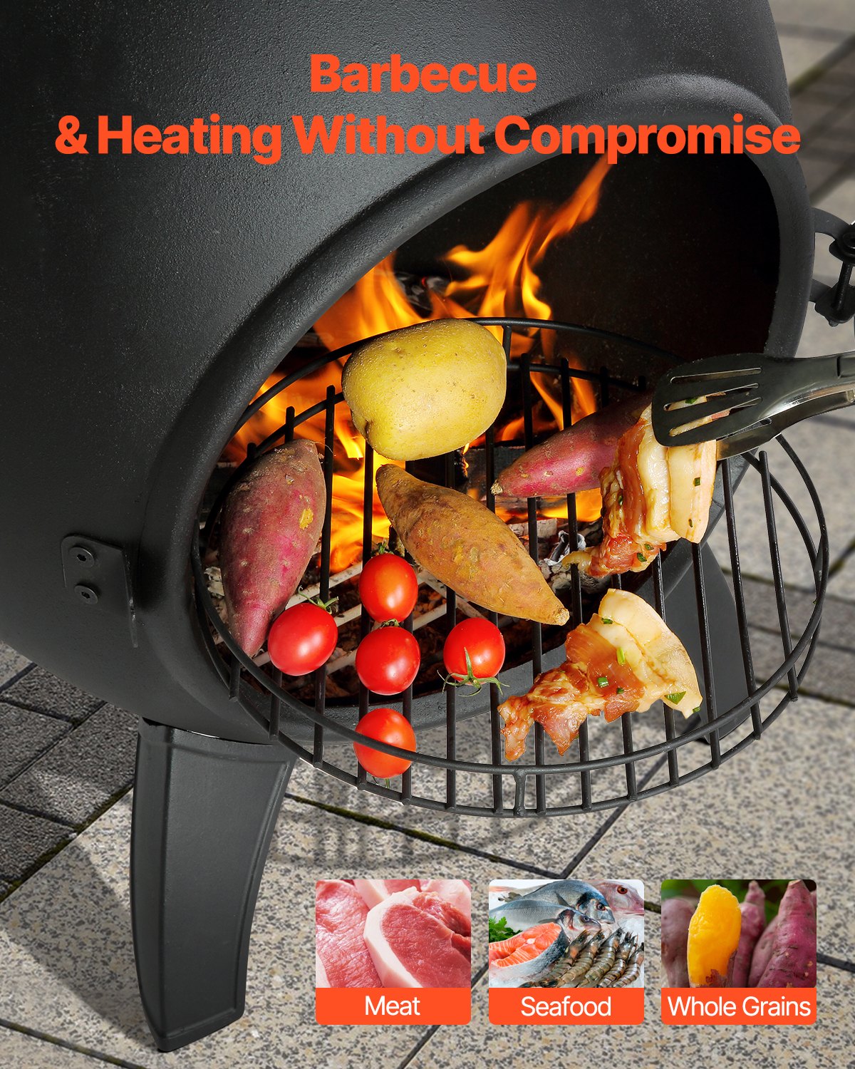 VEVOR Chiminea, 22 Inch Outdoor Wood Burning Firepit, Spherical Fireplace for BBQ & Warming, Aluminum Wooden Fire Pit with Grill Mesh, Chimney Coat & Rustproof Chiminea Lid, for Patio/Garden/Backyard