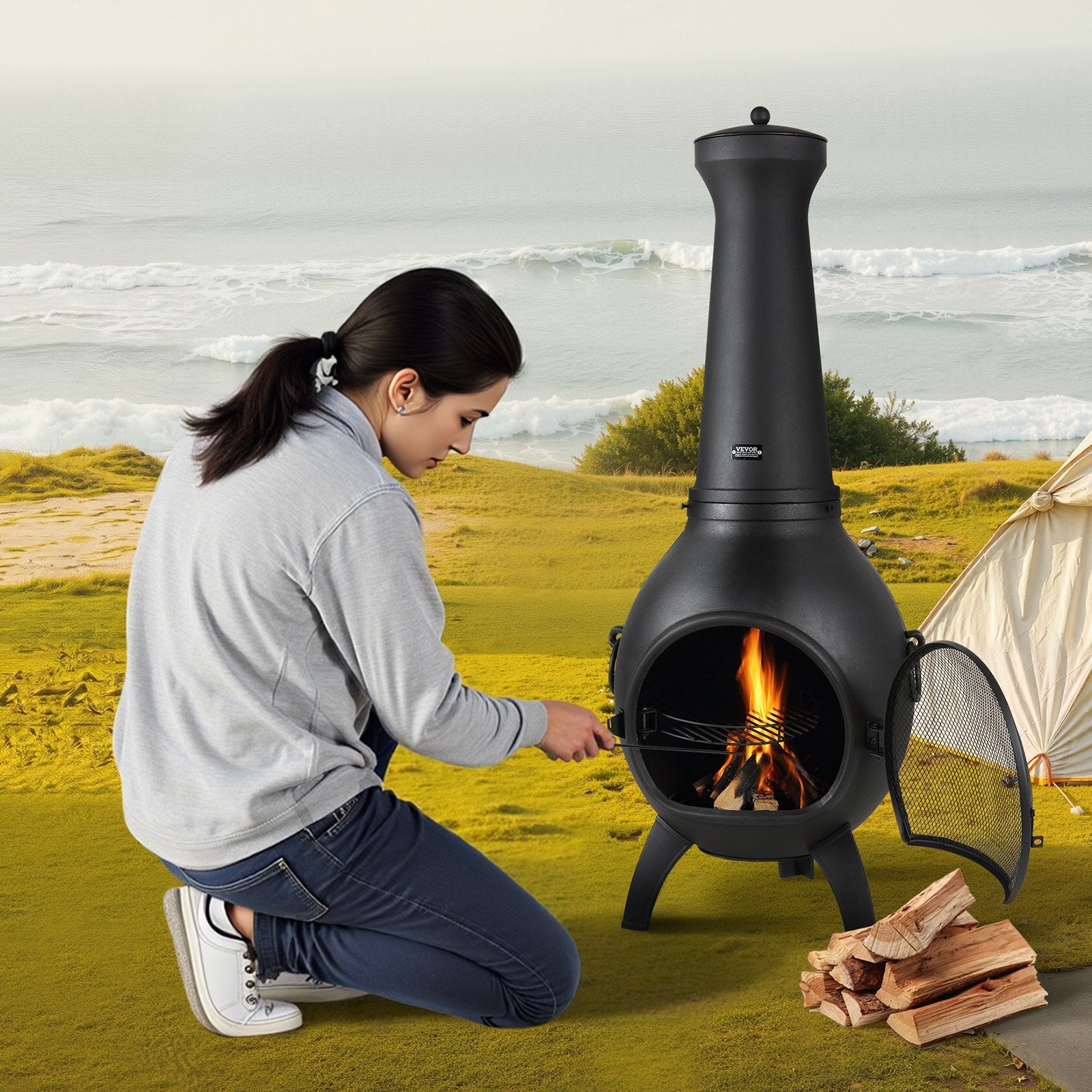 VEVOR Chiminea, 18 Inch Outdoor Wood Burning Firepit, Spherical Fireplace for BBQ & Warming, Outside Wooden Fire Pit with Grill Mesh, Chimney Coat & Rustproof Chiminea Lid, for Patio, Garden, Backyard