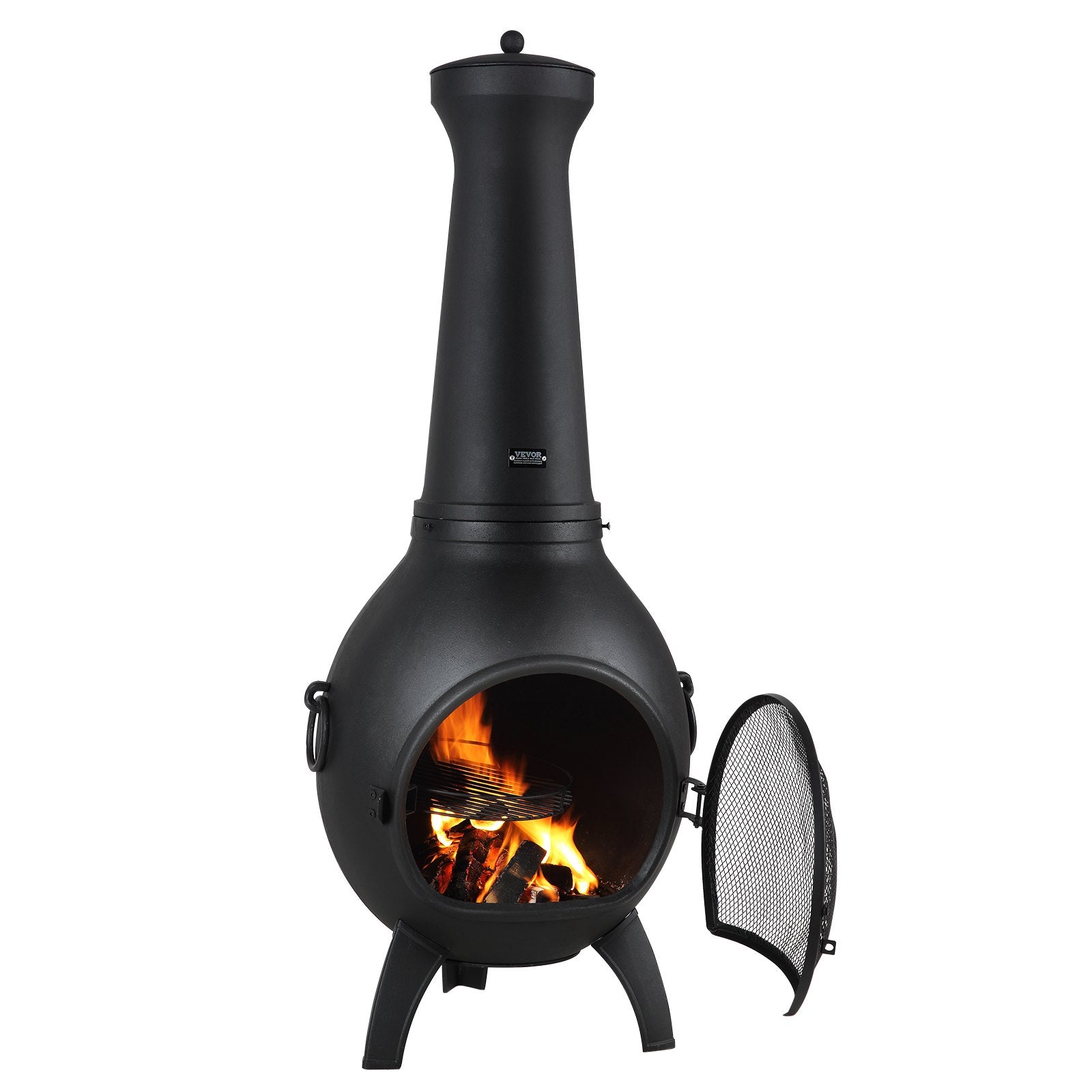 VEVOR Chiminea, 22 Inch Outdoor Wood Burning Firepit, Spherical Fireplace for BBQ & Warming, Aluminum Wooden Fire Pit with Grill Mesh, Chimney Coat & Rustproof Chiminea Lid, for Patio/Garden/Backyard