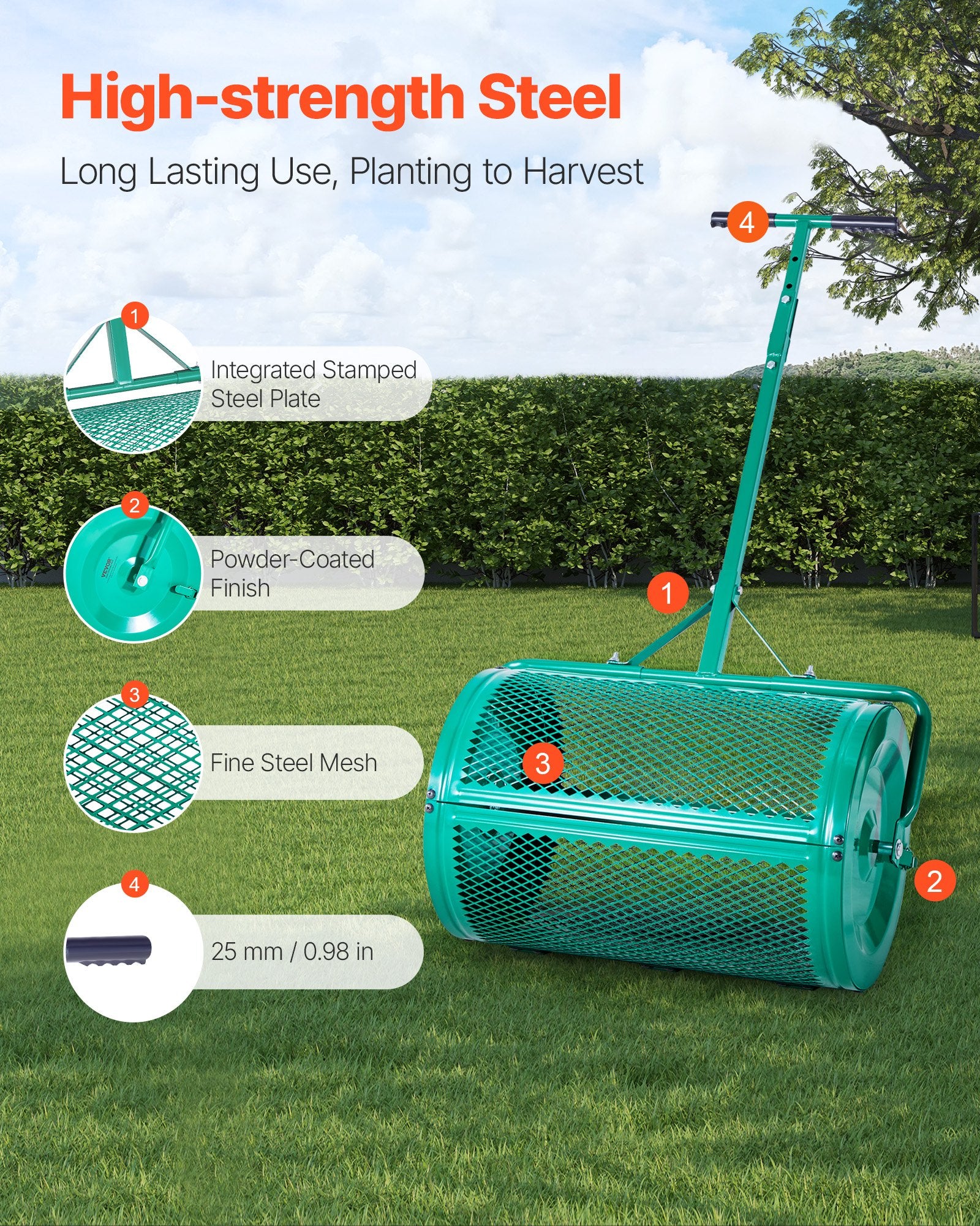 VEVOR Compost Spreader, 24 in Wide Peat Moss Spreader with Push/Tow Handle, 4 Heights Adjustable, Powder-Coated Steel Garden Peat Moss Roller, Heavy Duty Grass Seed Spreaders for Planting Seeding