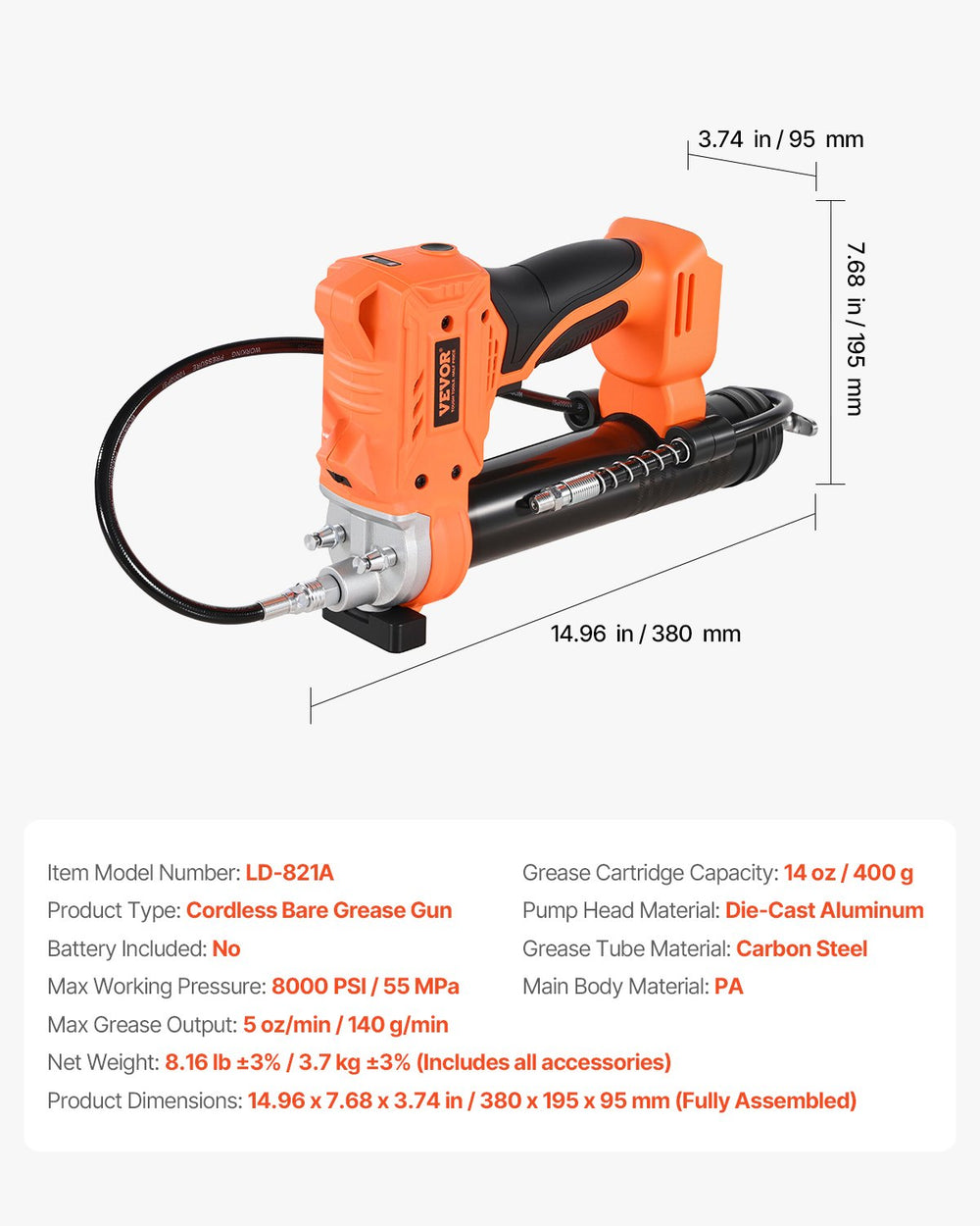 VEVOR Cordless Grease Gun, 8000 PSI Max Pressure, Battery Operated Grease Gun with LED Light & 35.4-inch Long Hose, Compatible with 18V Makita Batteries, For Greasing Vehicles or Machines(Tool Only)