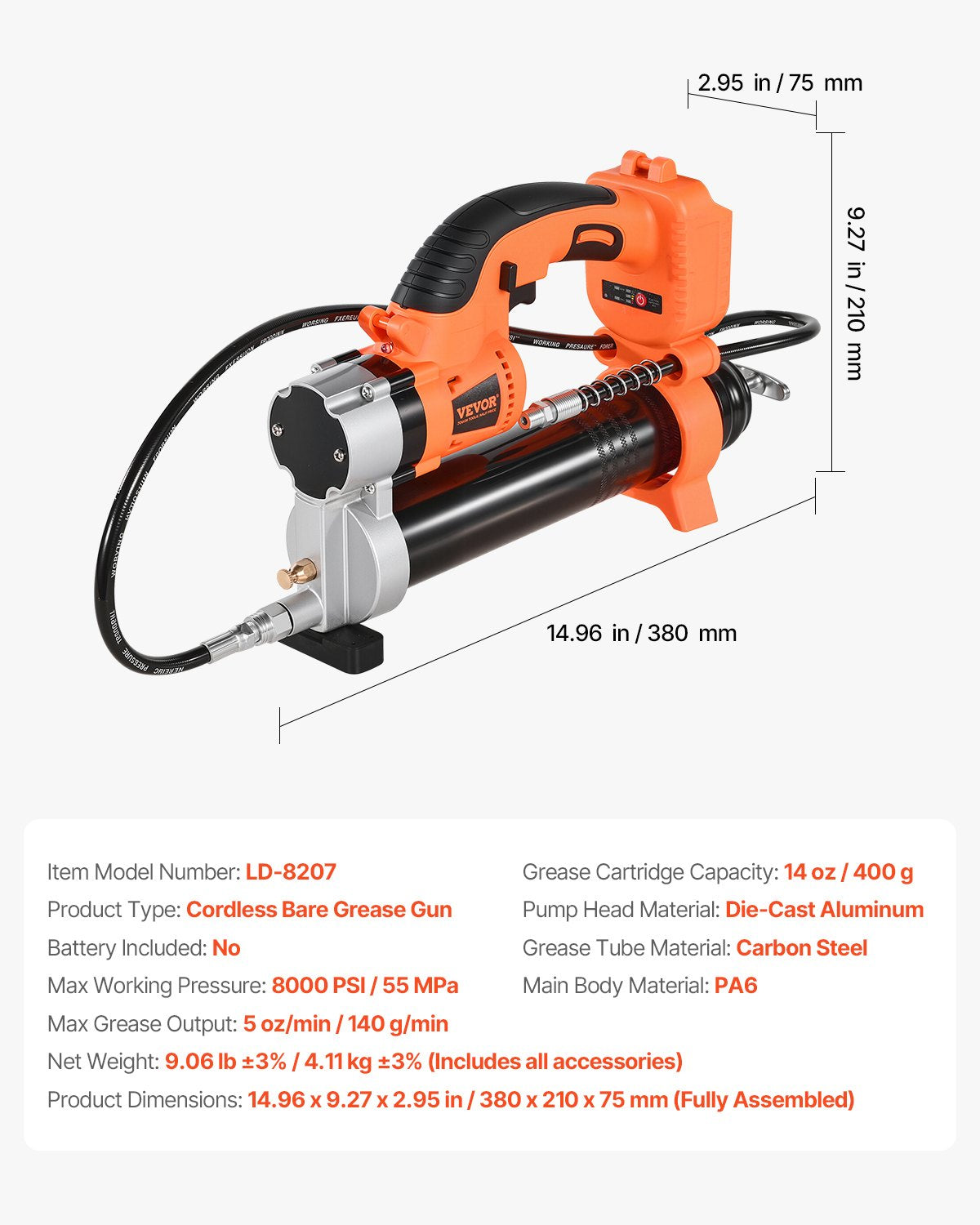 VEVOR Cordless Grease Gun, 8000 PSI Max Pressure, Electric Grease Gun with LED Light & 35.4-inch Long Hose, Compatible with 18V Makita Batteries, Suitable for Greasing Vehicles or Machines(Tool Only)