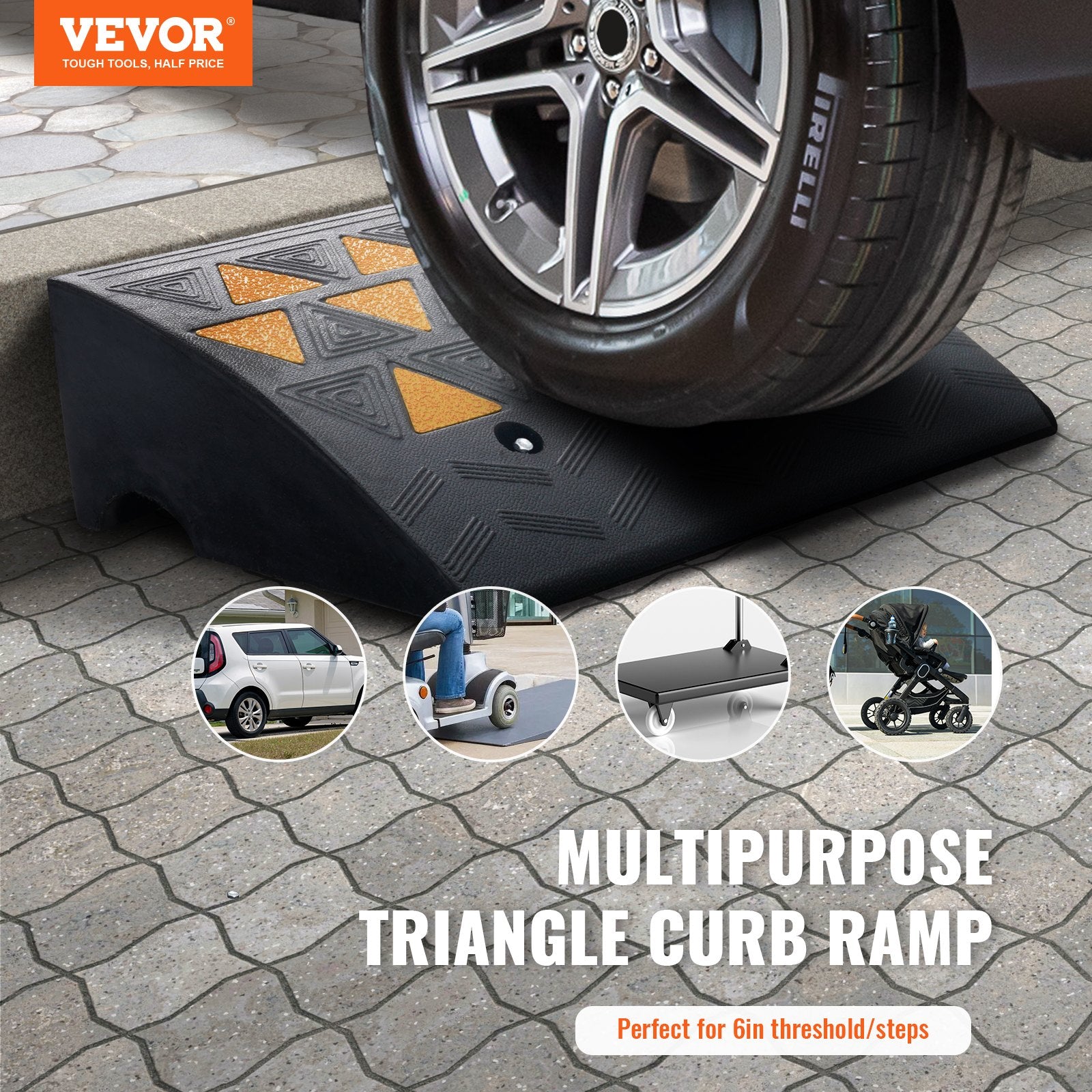 VEVOR Rubber Curb Ramp 2 Pack, 6" Rise Height Heavy-Duty 33069 lbs/15 T Capacity Threshold Ramps, Driveway Ramps with Stable Grid Structure for Cars, Wheelchairs, Bikes, Motorcycles