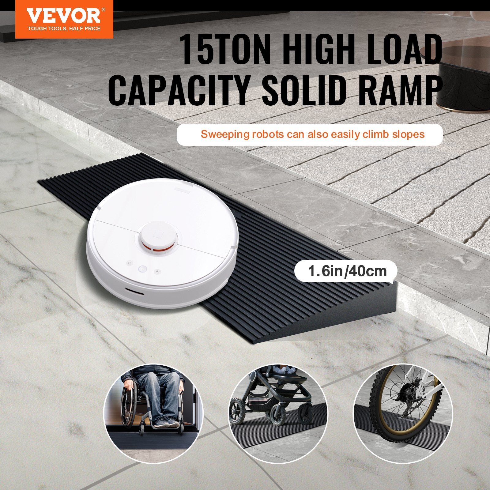 VEVOR 4.06 cm Rise Cuttable Threshold Ramp for Sweeping Robot, 90 cm Wide Natural Rubber Wheelchair Ramp, Non-Slip Solid Rubber Ramp with Double-Sided Tape for Doorways, Driveways, Bathroom, Smooth Tile