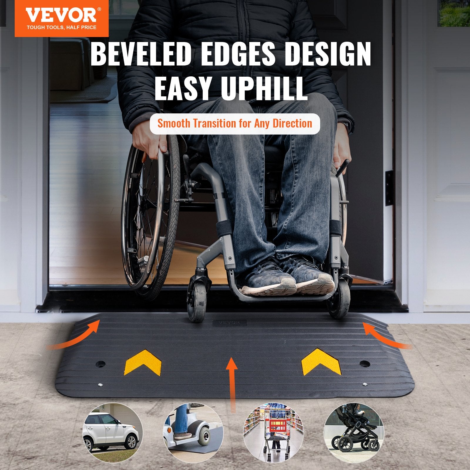 VEVOR Upgraded Rubber Threshold Ramp, 3.8 cm Rise Wheelchair Ramp Doorway, Natural Curb Ramp Rated 15000 kg Load Capacity, Non-Slip Textured Surface Rubber Curb Ramp for Wheelchair and Scooter