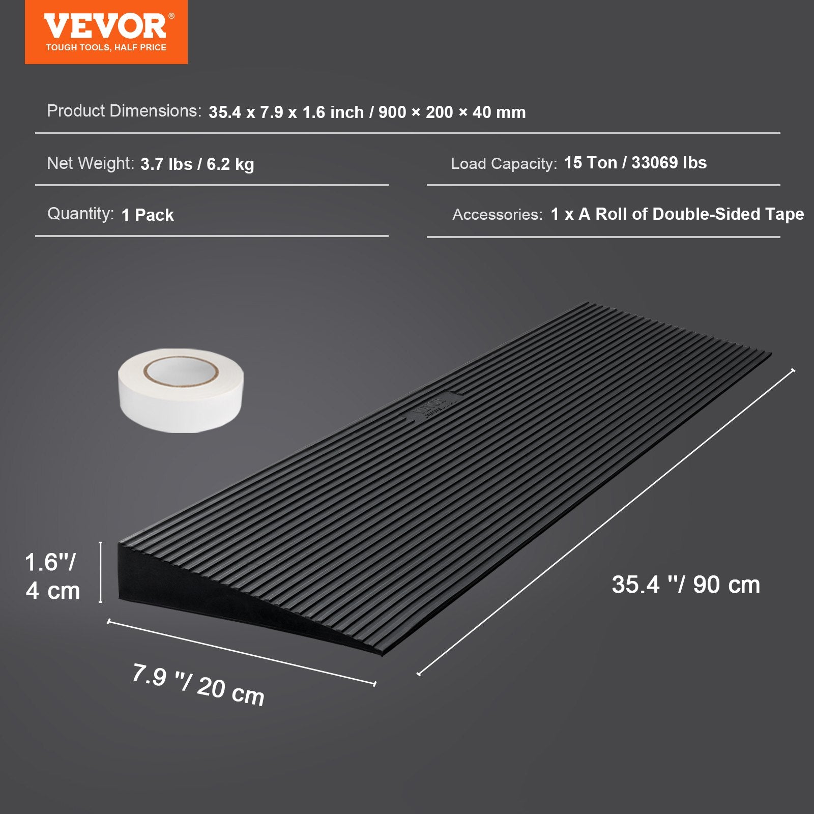 VEVOR 4.06 cm Rise Cuttable Threshold Ramp for Sweeping Robot, 90 cm Wide Natural Rubber Wheelchair Ramp, Non-Slip Solid Rubber Ramp with Double-Sided Tape for Doorways, Driveways, Bathroom, Smooth Tile
