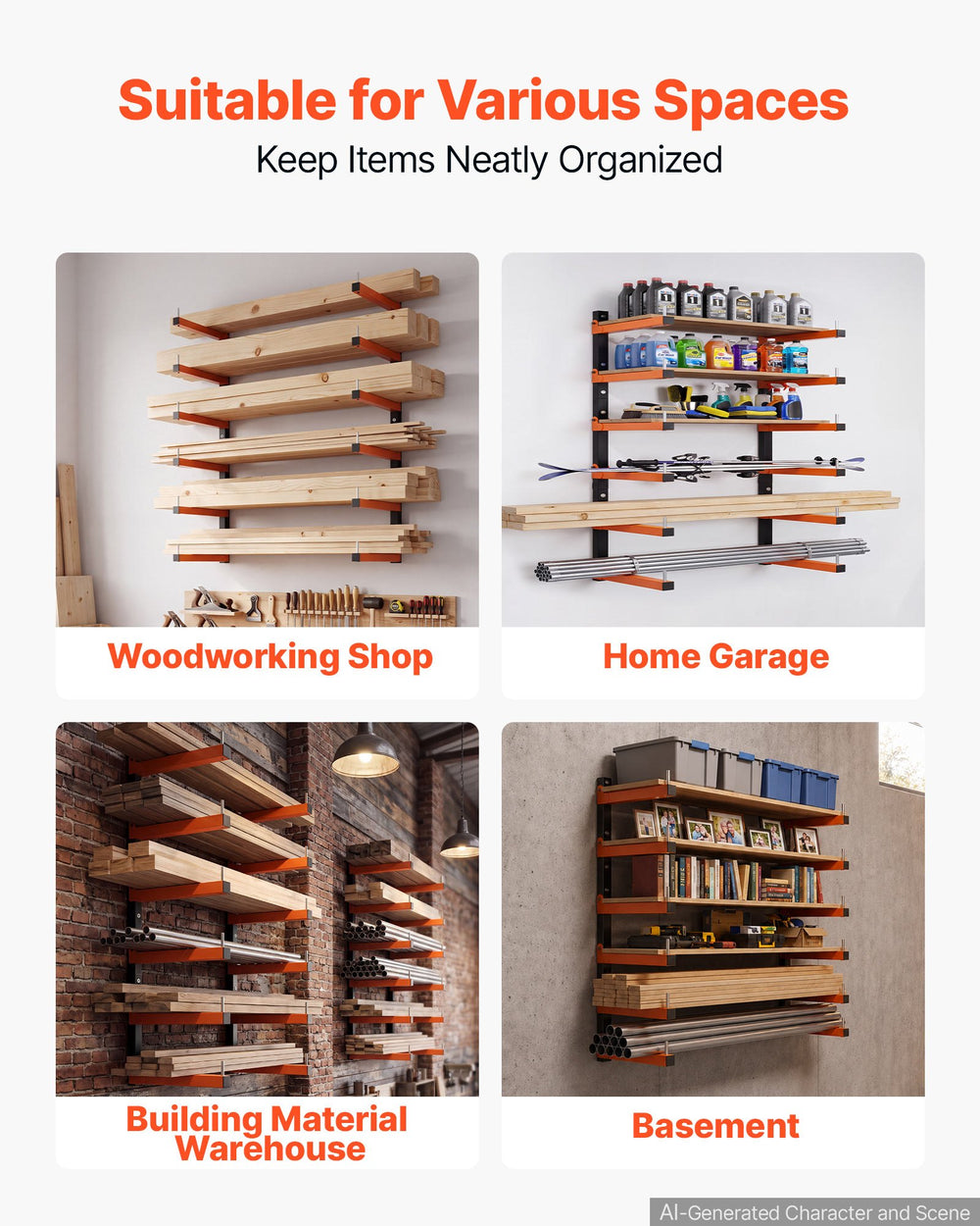 VEVOR Lumber Rack, 6-Tier 2-Pack 50 kg per Tier, Foldable Wood Storage, Wall-mounted for Garages, Workshops, Warehouse, Basement, Heavy-Duty Cantilever Arms, Locking Pins, Steel, Orange & Black