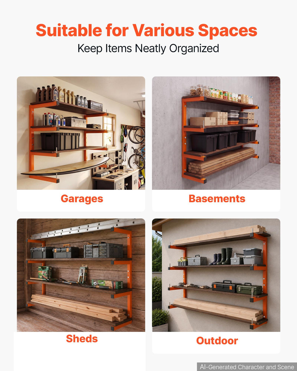 VEVOR Lumber Rack, 4-Tier 2-Pack 100 kg per Tier, Welded Wood Pipe Storage, Wall-mounted Organizer for Garages, Workshops, Warehouse, Basement, Heavy-Duty Steel Cantilever Arms, Locking Pins, Orange