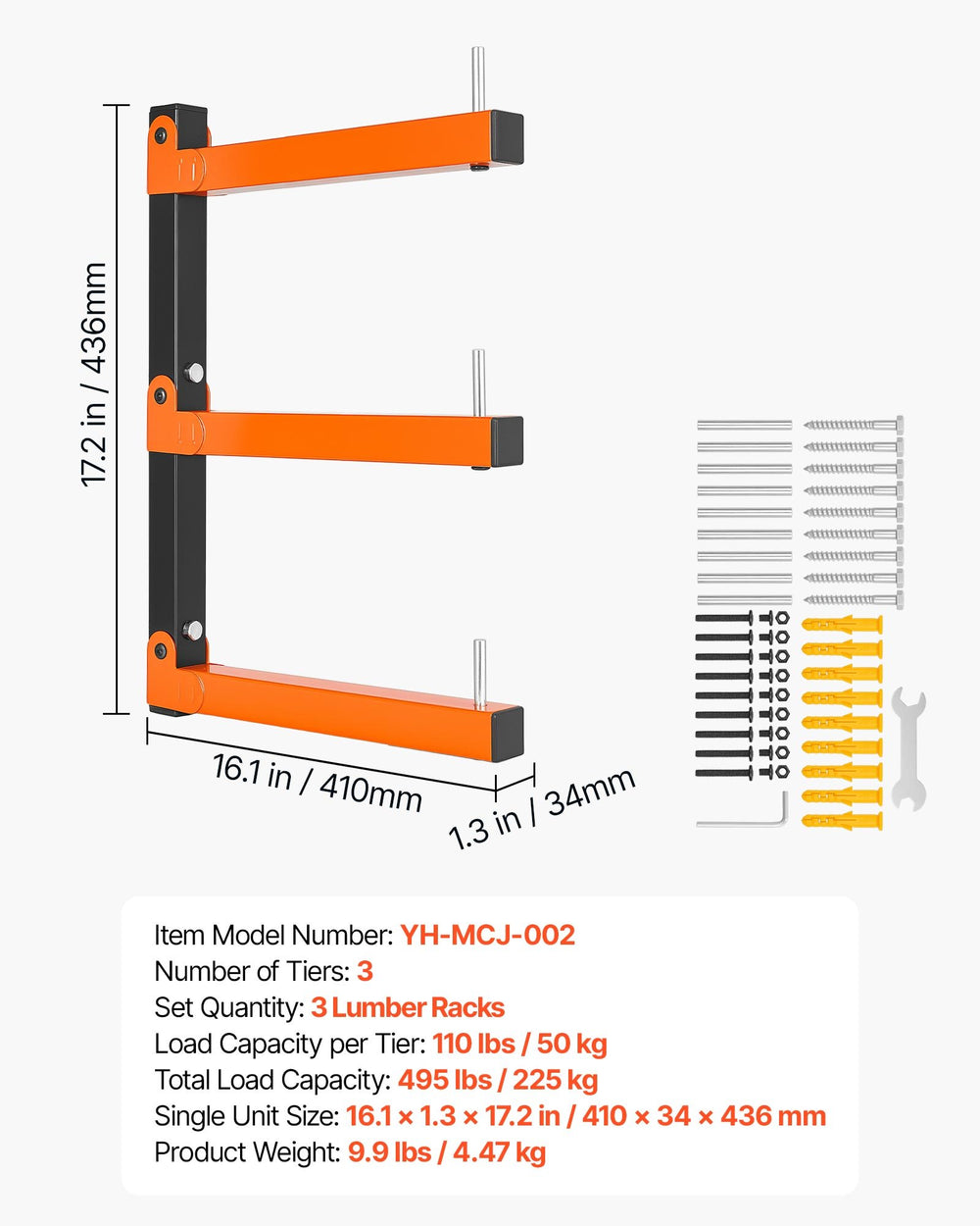 VEVOR Lumber Rack, 3-Tier 3-Pack 50 kg per Tier, Foldable Wood Storage, Wall-mounted for Garages, Workshops, Warehouse, Basement, Heavy-Duty Cantilever Arms, Locking Pins, Steel, Orange & Black