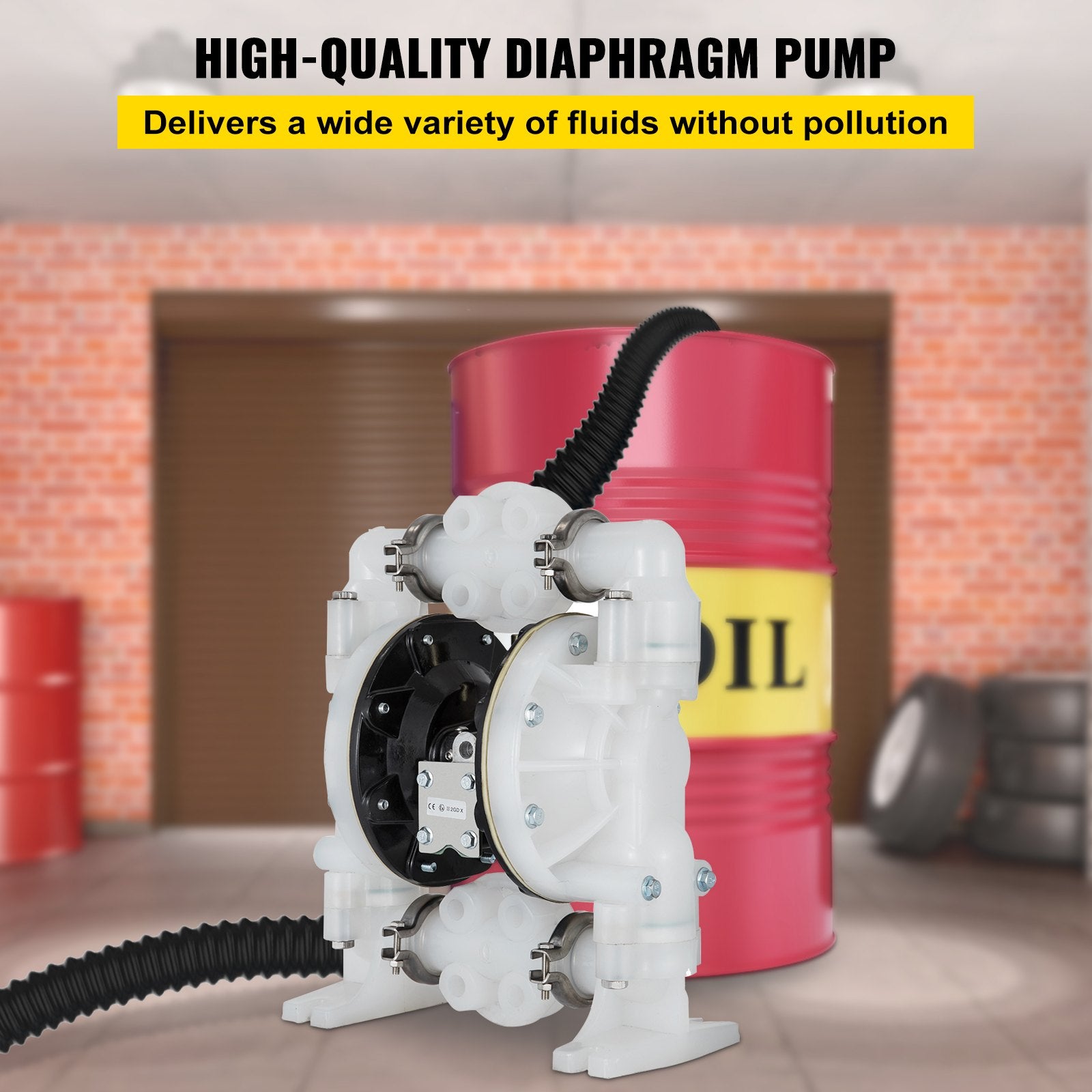 VEVOR Air-Operated Double Diaphragm Pump 25.4mm(1 inch) Inlet/Outlet 113 L/min(30GPM) Polypropylene Max 7 bar(100PSI) for Chemical and Industrial Use