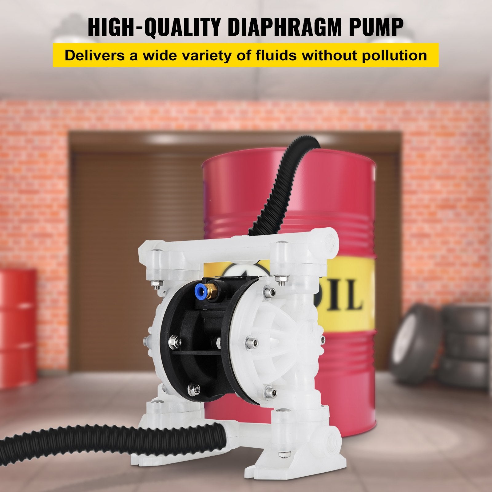 VEVOR Air Double Diaphragm Pump 7GPM 100PSI Polypropylene Diaphragm Water Pump with 1.3 cm Inlet & Outlet Ports Air Pump Diaphragm 6900.7 cm Max Head Air-operated Diaphragm Pump with Sealed Ball Valve