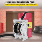 VEVOR Air-Operated Double Diaphragm Pump, Inlet & Outlet, Polypropylene Body, 9.46 L/min, PTFE Diaphragm Pneumatic Transfer Pump for Petroleum, Diesel, Oil & Low Viscosity Fluids