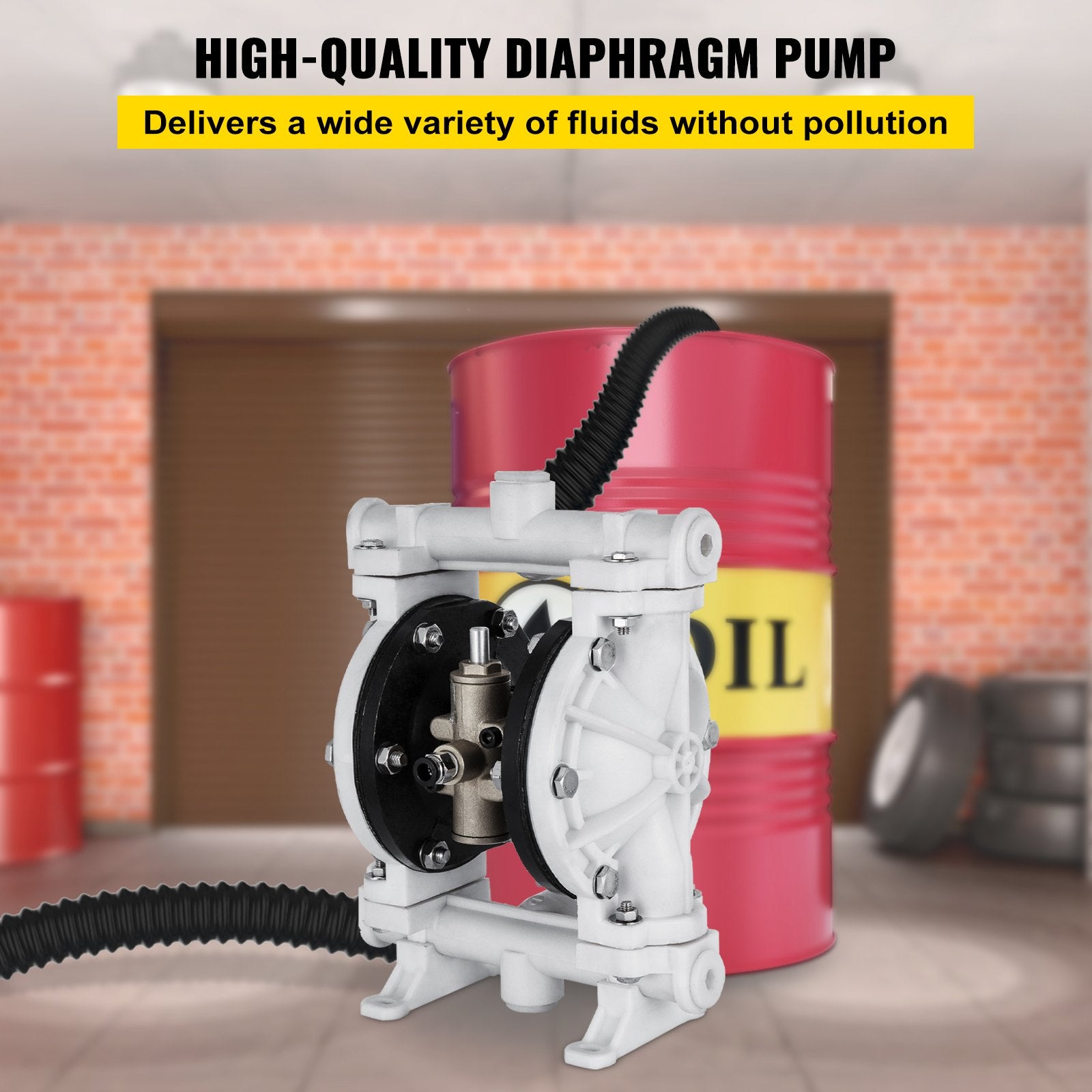 VEVOR Air-Operated Double Diaphragm Pump, Inlet & Outlet, Polypropylene Body, 9.46 L/min, PTFE Diaphragm Pneumatic Transfer Pump for Petroleum, Diesel, Oil & Low Viscosity Fluids