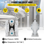 VEVOR Air-Operated Double Diaphragm Pump 25.4mm(1 inch) Inlet/Outlet 113 L/min(30GPM) Polypropylene Max 7 bar(100PSI) for Chemical and Industrial Use